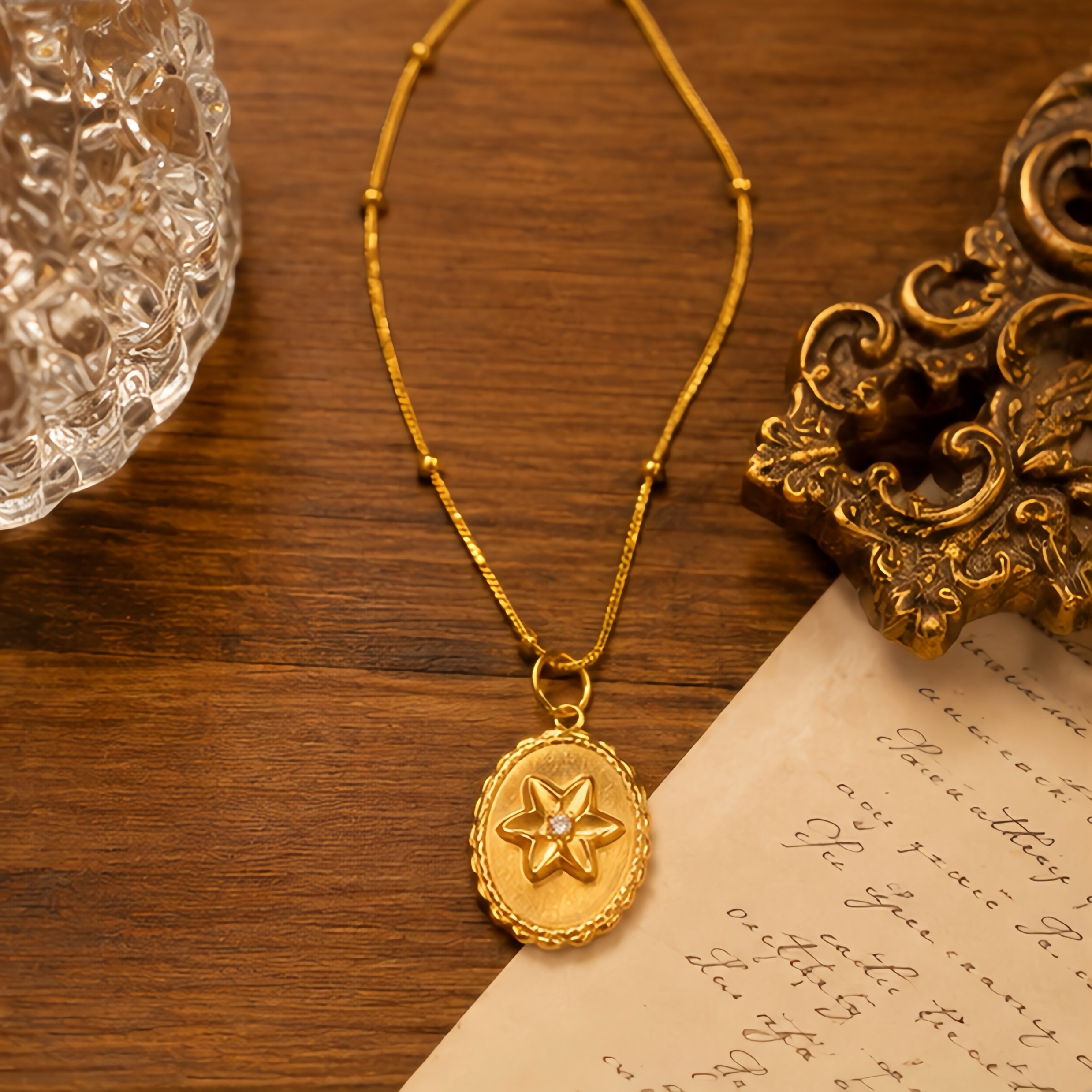 A fringed, embossed star-studded, diamond-encrusted pendant snake bone chain with an aged French court style, a light luxury accessory, and a high-end stainless steel decorative necklace
