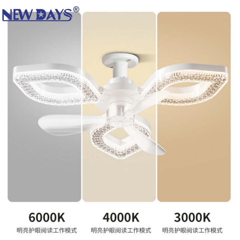 NEWDAYS品牌跨境新品led花瓣形三叶风扇灯，E27可折叠风扇灯，节能高亮遥控调光照明带灯吊扇 details Picture