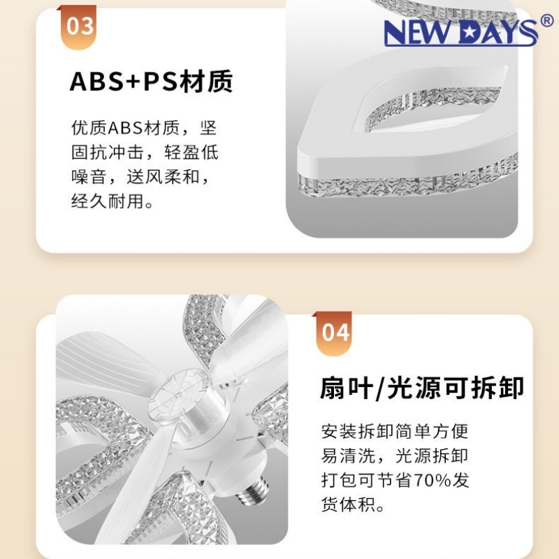 NEWDAYS品牌跨境新品led花瓣形三叶风扇灯，E27可折叠风扇灯，节能高亮遥控调光照明带灯吊扇 Application Scenario