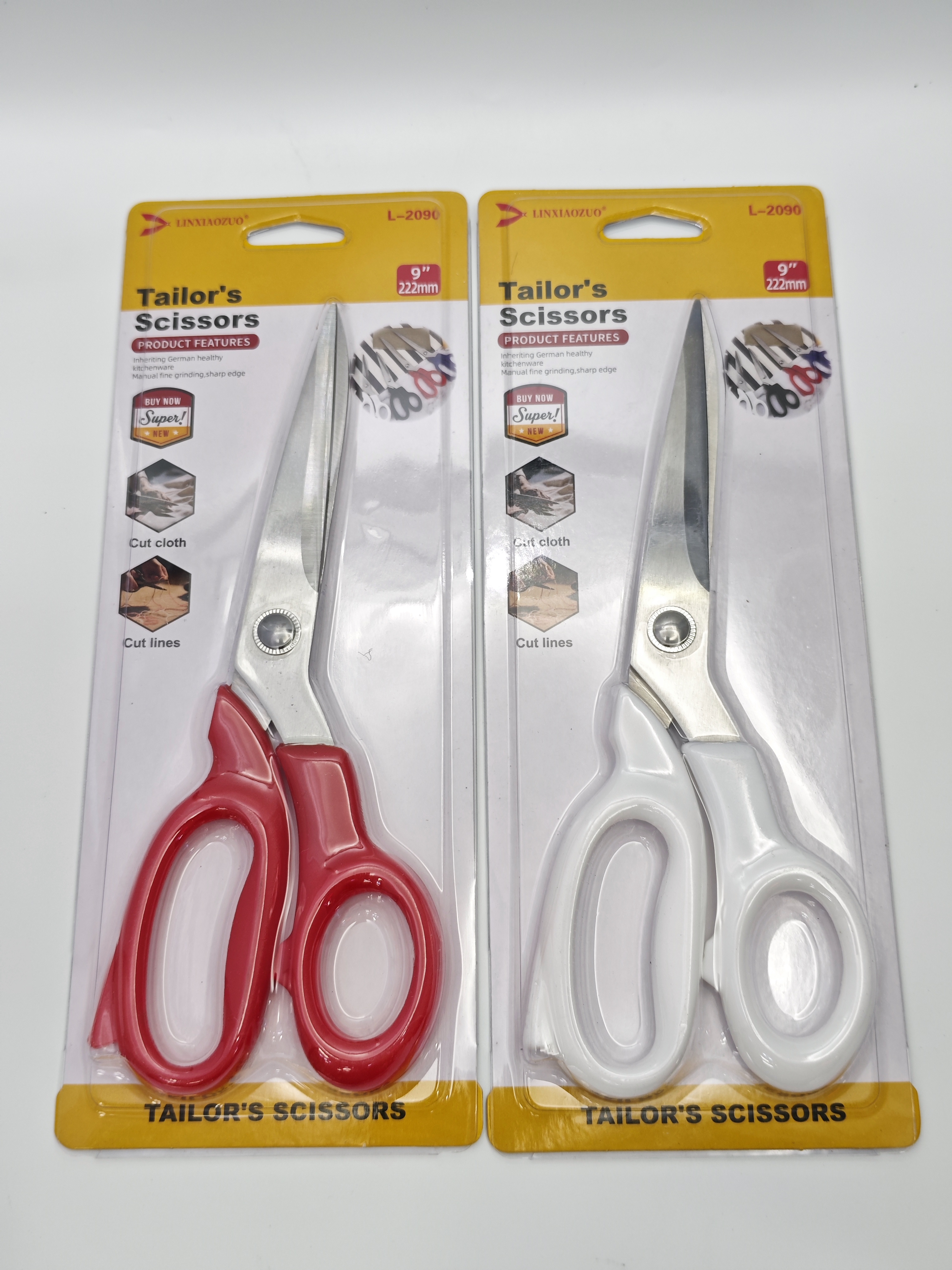 Hand-made scissors L-2010, black, blue, red, white handle, 10-inch 248mm tailor's cutting and opening knife, transparent shell details Picture