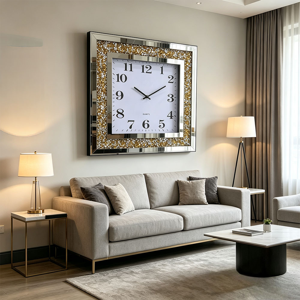 The golden diamond square artistic craft wall clock with a silent movement is simple and elegant for the living room, study and entrance details Picture