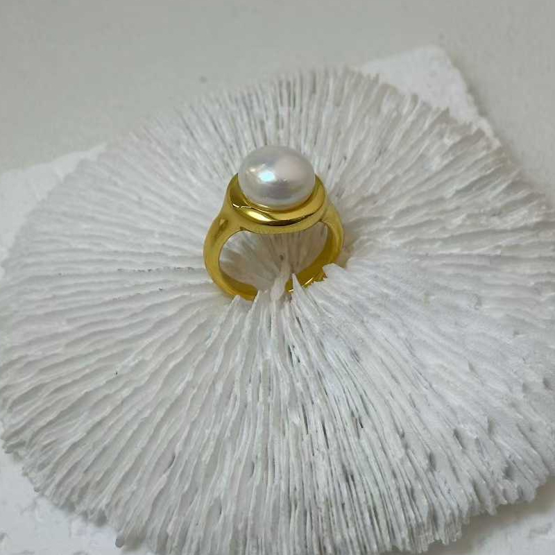 Anillo de cobre chapado en oro real 24K anillo de perla anillo de tamaño medio abierto details Picture