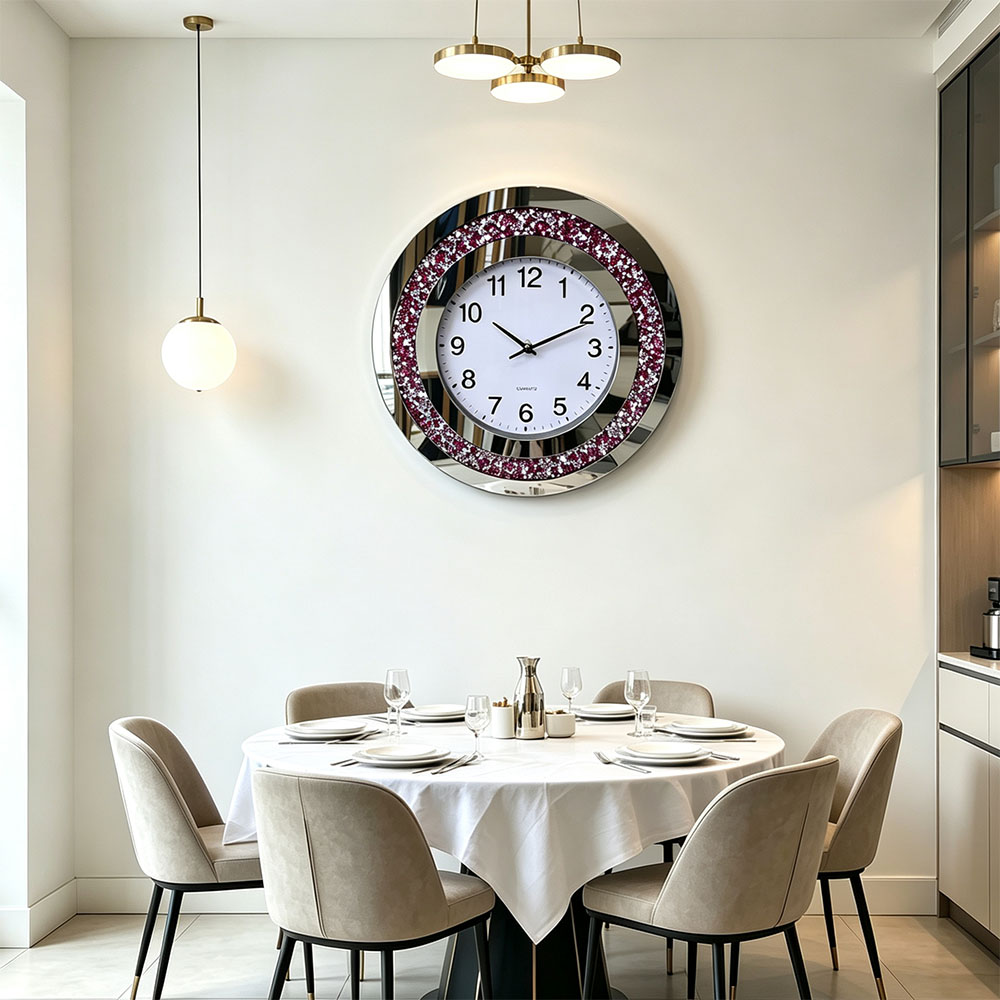 Simple style round diamond-encrusted wall clock, artistic craftsmanship, living room, bedroom, entrance hall wall clock, silent movement, high-end quality Application Scenario