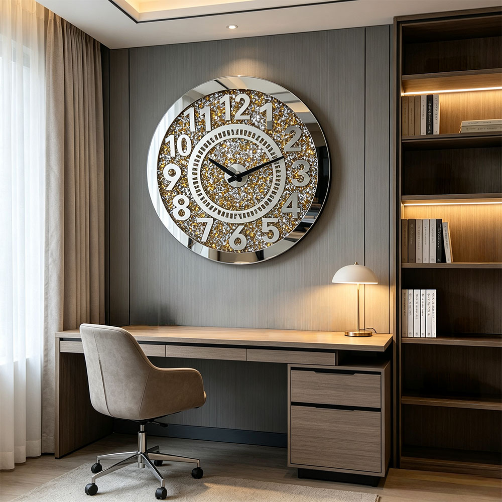 Golden full-diamond digital acrylic wall clock, artistic craftsmanship, full-diamond Roman glass wall clock, simple and elegant, artistic wall clock for study, living room and entrance hall details Picture