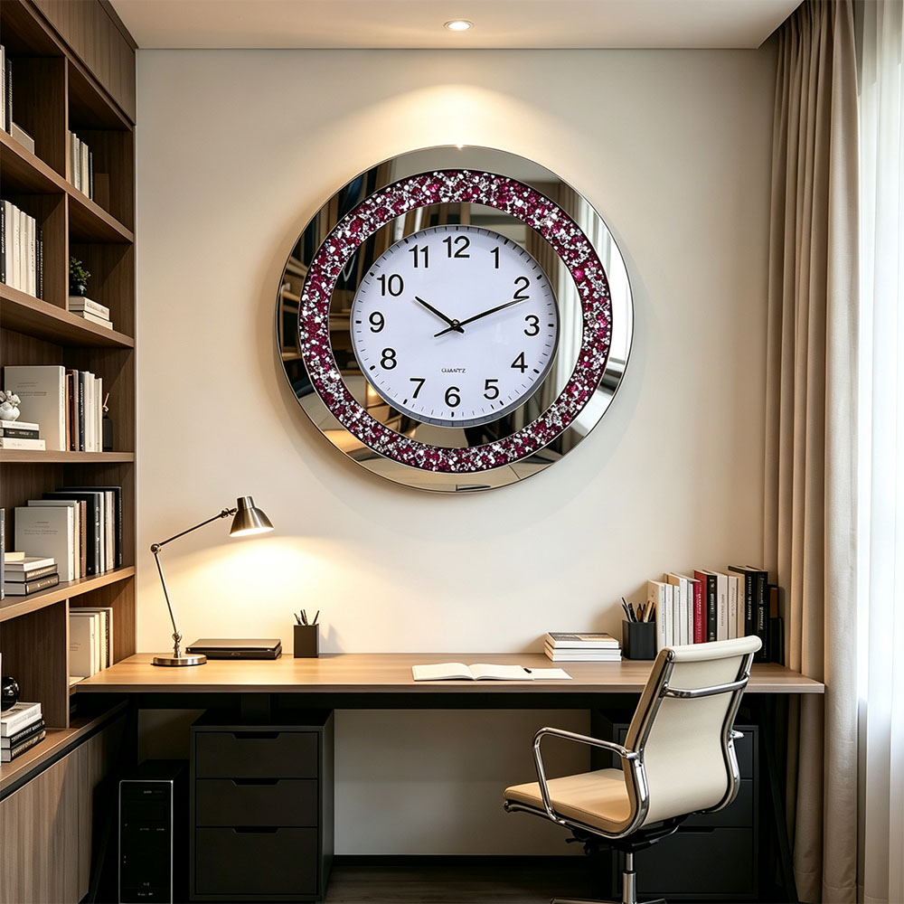 Simple style round diamond-encrusted wall clock, artistic craftsmanship, living room, bedroom, entrance hall wall clock, silent movement, high-end quality Item Picture