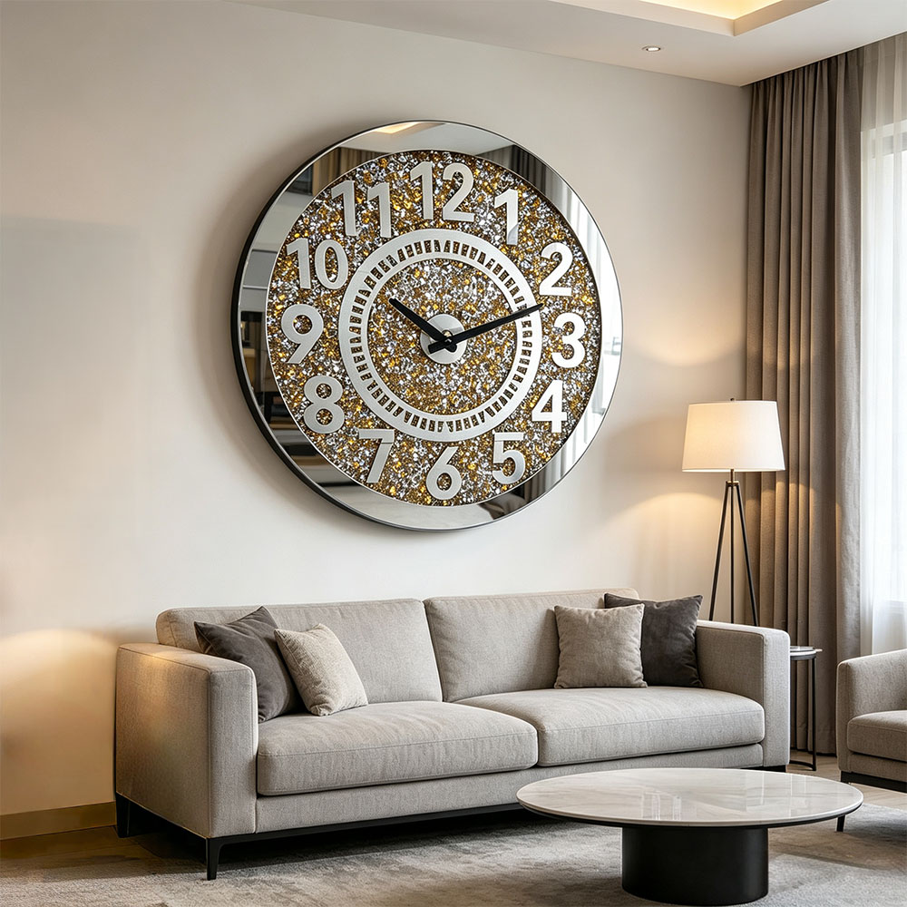 Golden full-diamond digital acrylic wall clock, artistic craftsmanship, full-diamond Roman glass wall clock, simple and elegant, artistic wall clock for study, living room and entrance hall Application Scenario