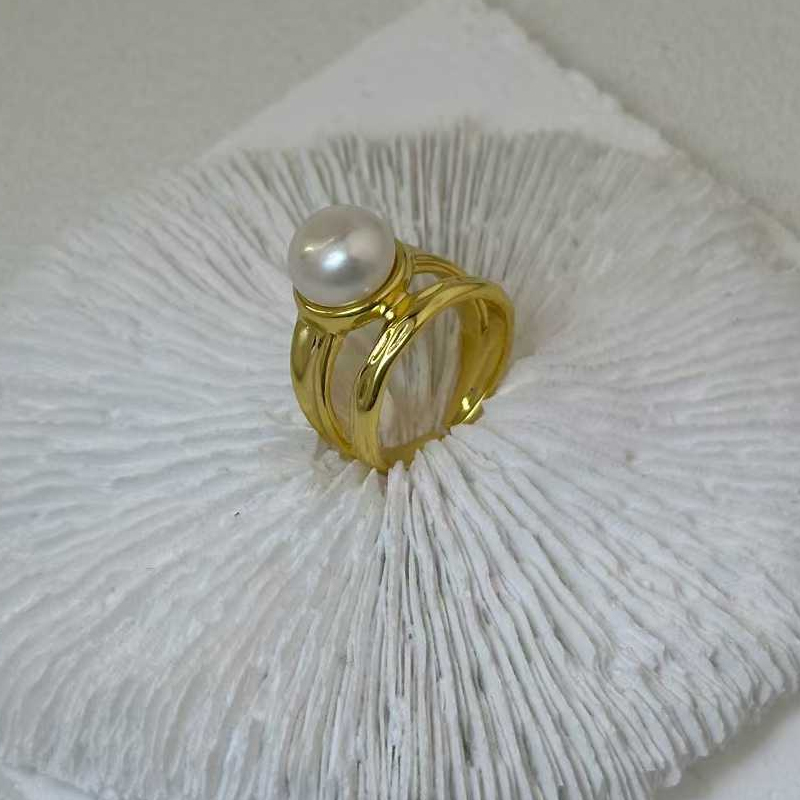 Anillo de cobre chapado en oro real 24K anillo de perla anillo de tamaño medio abierto