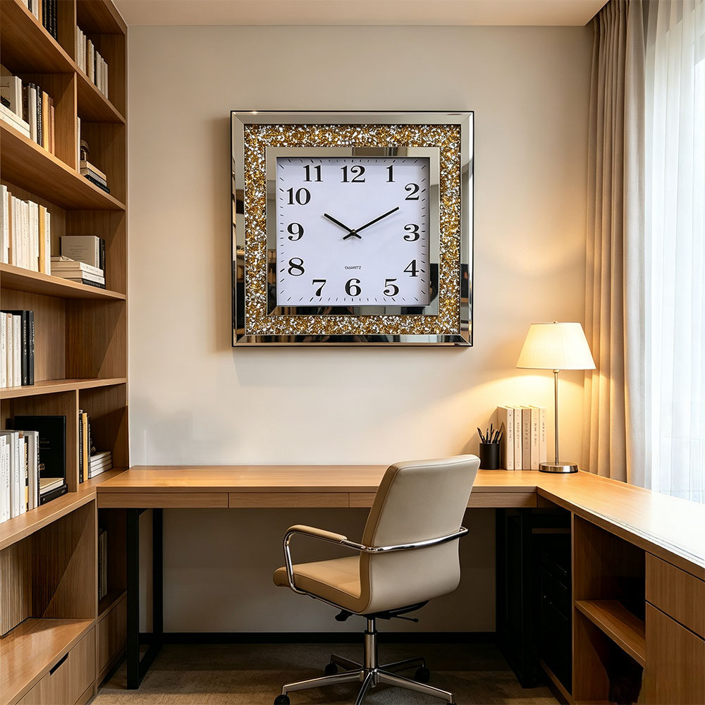 The golden diamond square artistic craft wall clock with a silent movement is simple and elegant for the living room, study and entrance Application Scenario