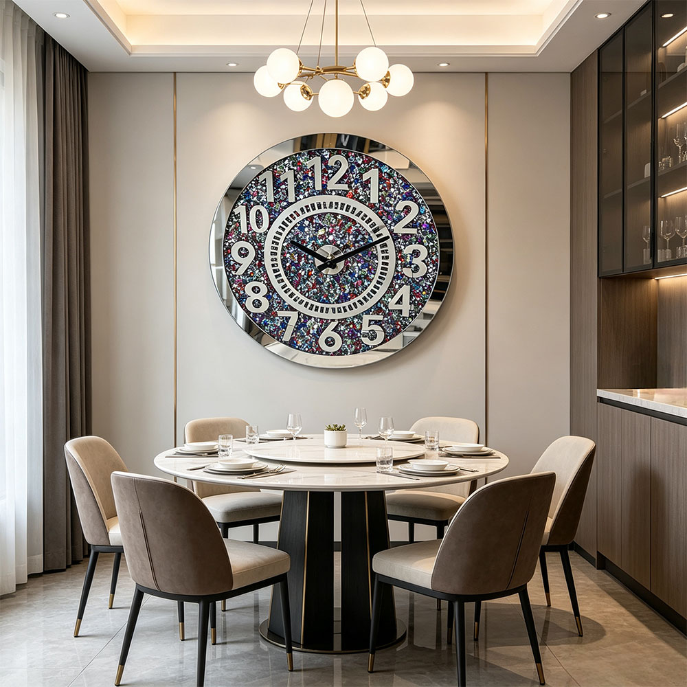 Colorful diamond round wall clock, villa decoration glass wall clock, high-definition transparent glass silent movement, high-end quality wall clock Specification image