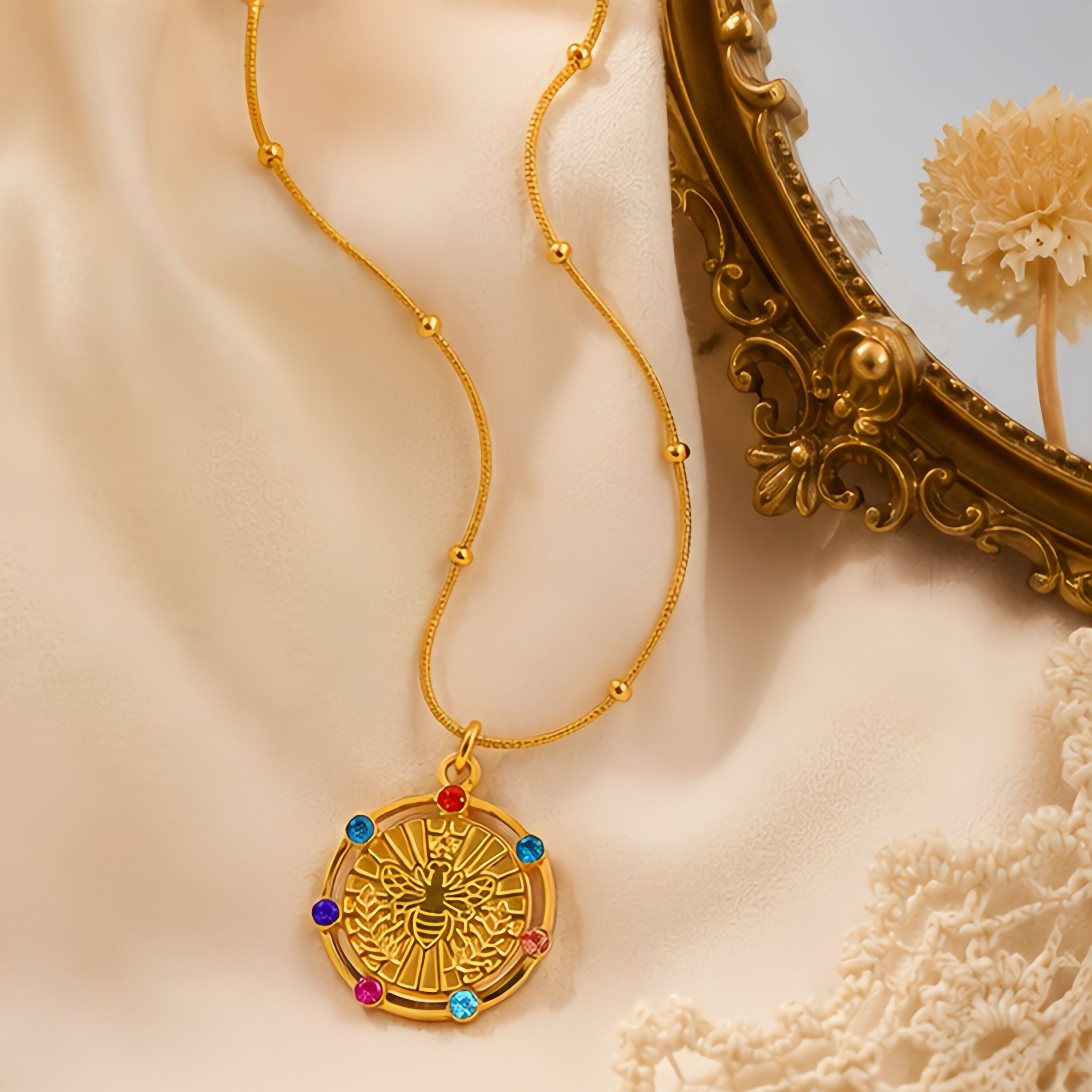 Retro embossed bee-colored diamond patterned stainless steel necklace, a light luxury mid-style accessory, a high-end aged retro collarbone necklace details Picture