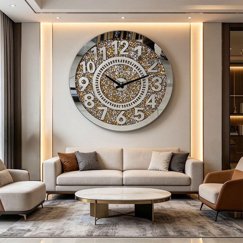 Golden full-diamond digital acrylic wall clock, artistic craftsmanship, full-diamond Roman glass wall clock, simple and elegant, artistic wall clock for study, living room and entrance hall Item Picture