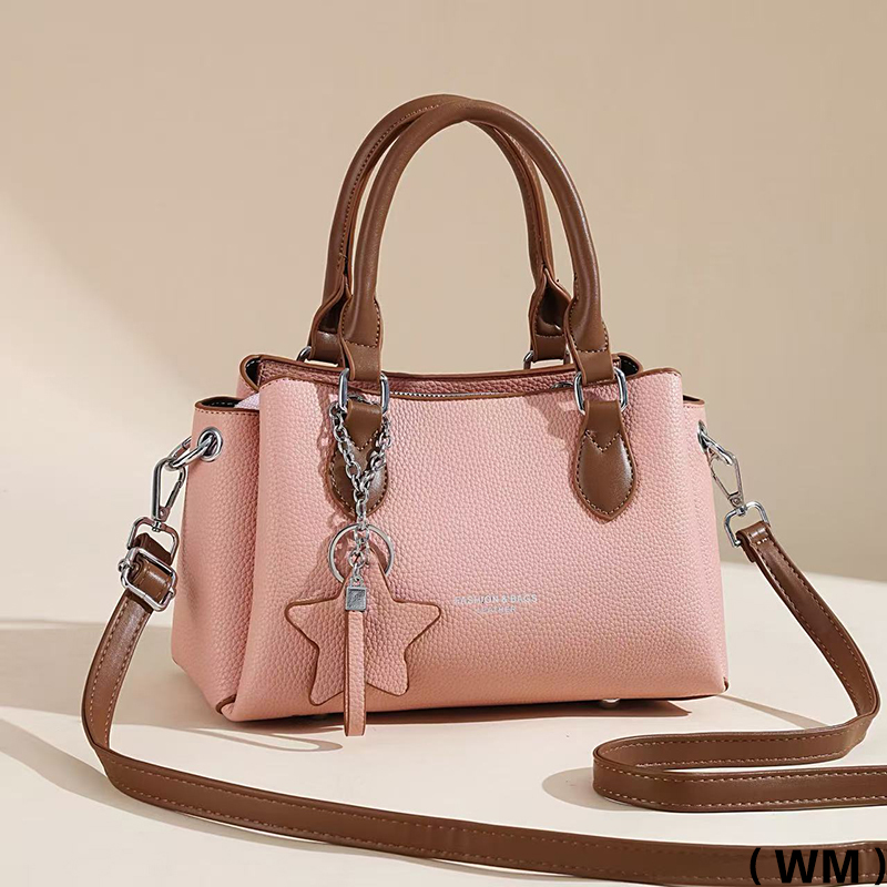 LV lady's white handbag, brown leather handle shoulder strap, grain texture with star metal pendant, genuine leather cowhide Item Picture