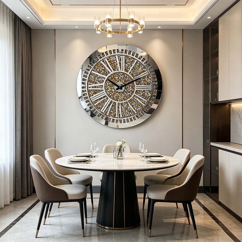 Golden small diamond Roman numeral acrylic wall clock, artistic craftsmanship, full diamond Roman glass wall clock, simple and elegant, artistic wall clock for study, living room and entrance hall Item Picture