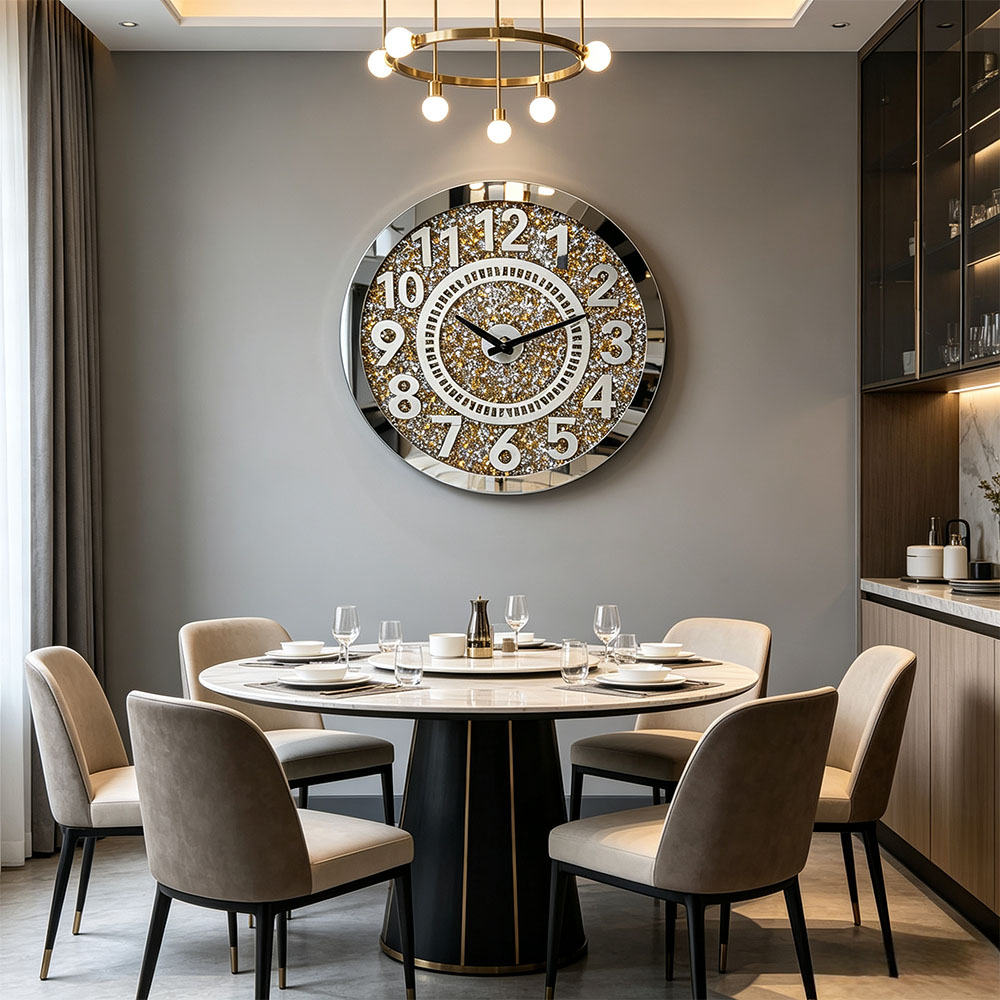 Golden full-diamond digital acrylic wall clock, artistic craftsmanship, full-diamond Roman glass wall clock, simple and elegant, artistic wall clock for study, living room and entrance hall Specification image