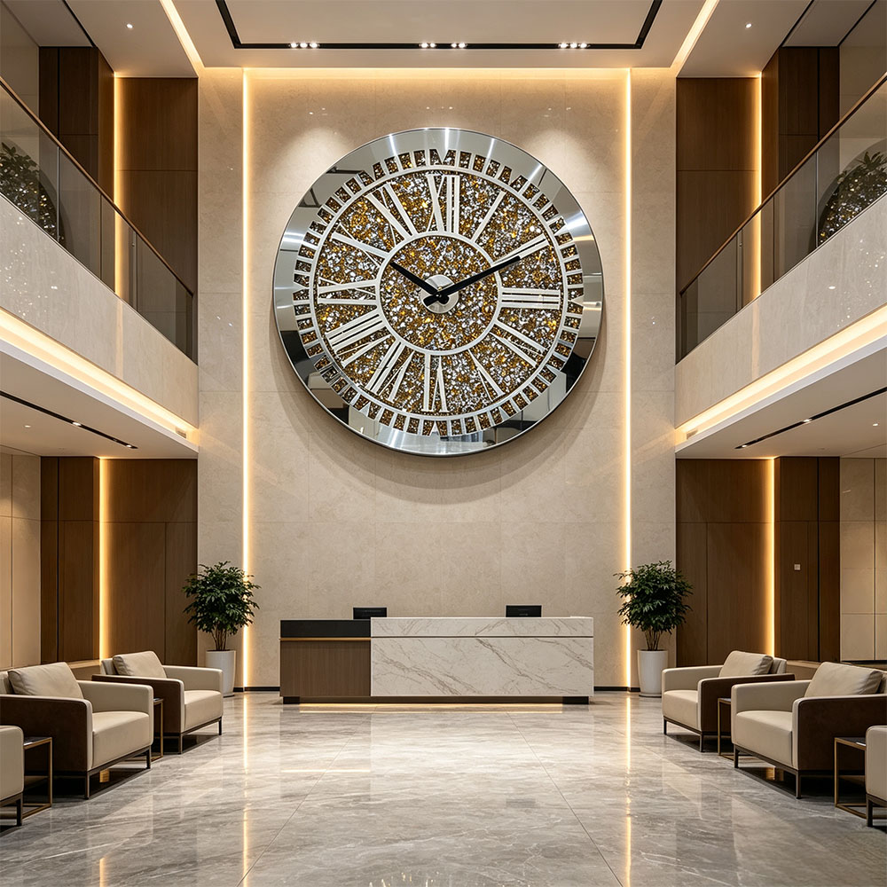 Golden small diamond Roman numeral acrylic wall clock, artistic craftsmanship, full diamond Roman glass wall clock, simple and elegant, artistic wall clock for study, living room and entrance hall Application Scenario