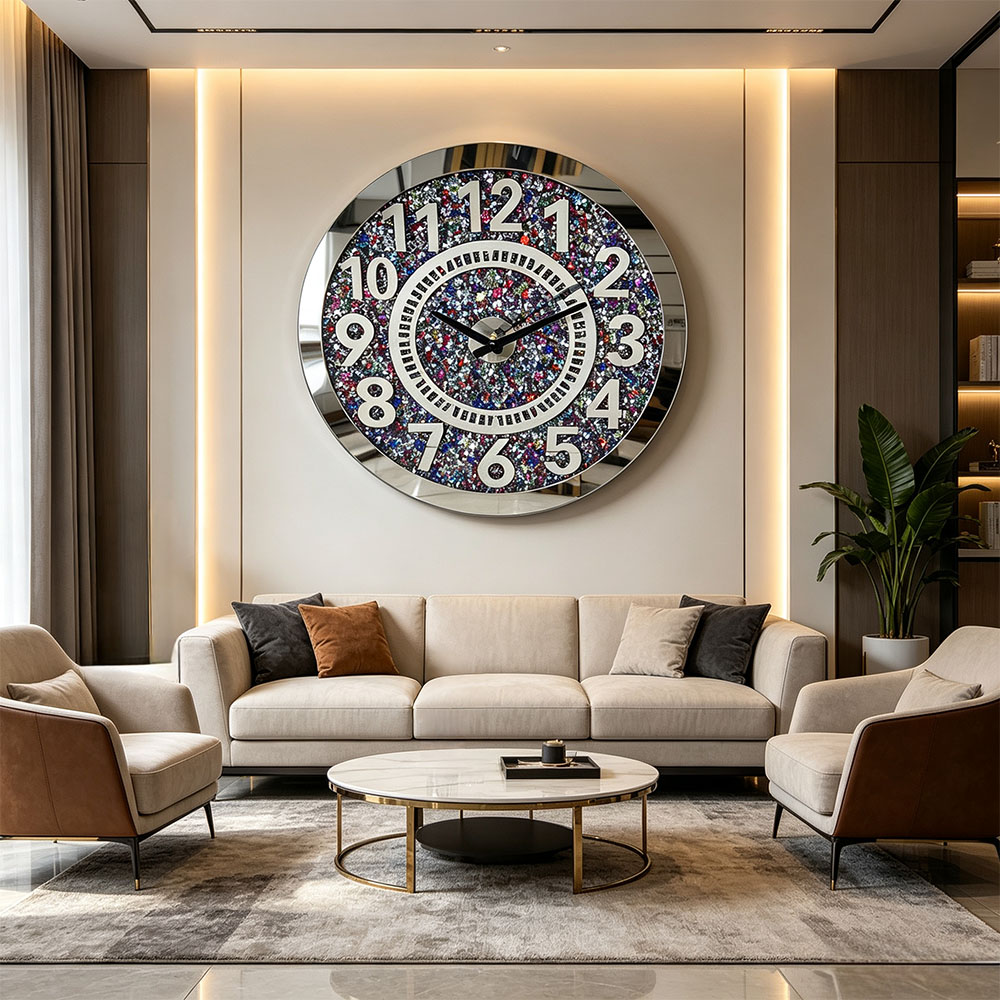 Colorful diamond round wall clock, villa decoration glass wall clock, high-definition transparent glass silent movement, high-end quality wall clock Application Scenario