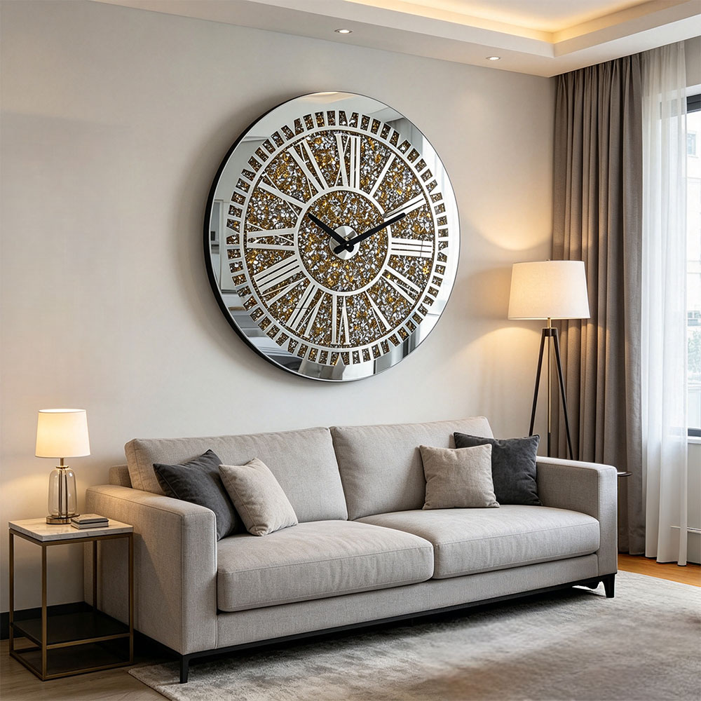 Golden small diamond Roman numeral acrylic wall clock, artistic craftsmanship, full diamond Roman glass wall clock, simple and elegant, artistic wall clock for study, living room and entrance hall details Picture