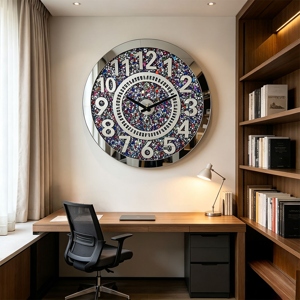 Colorful diamond round wall clock, villa decoration glass wall clock, high-definition transparent glass silent movement, high-end quality wall clock Item Picture
