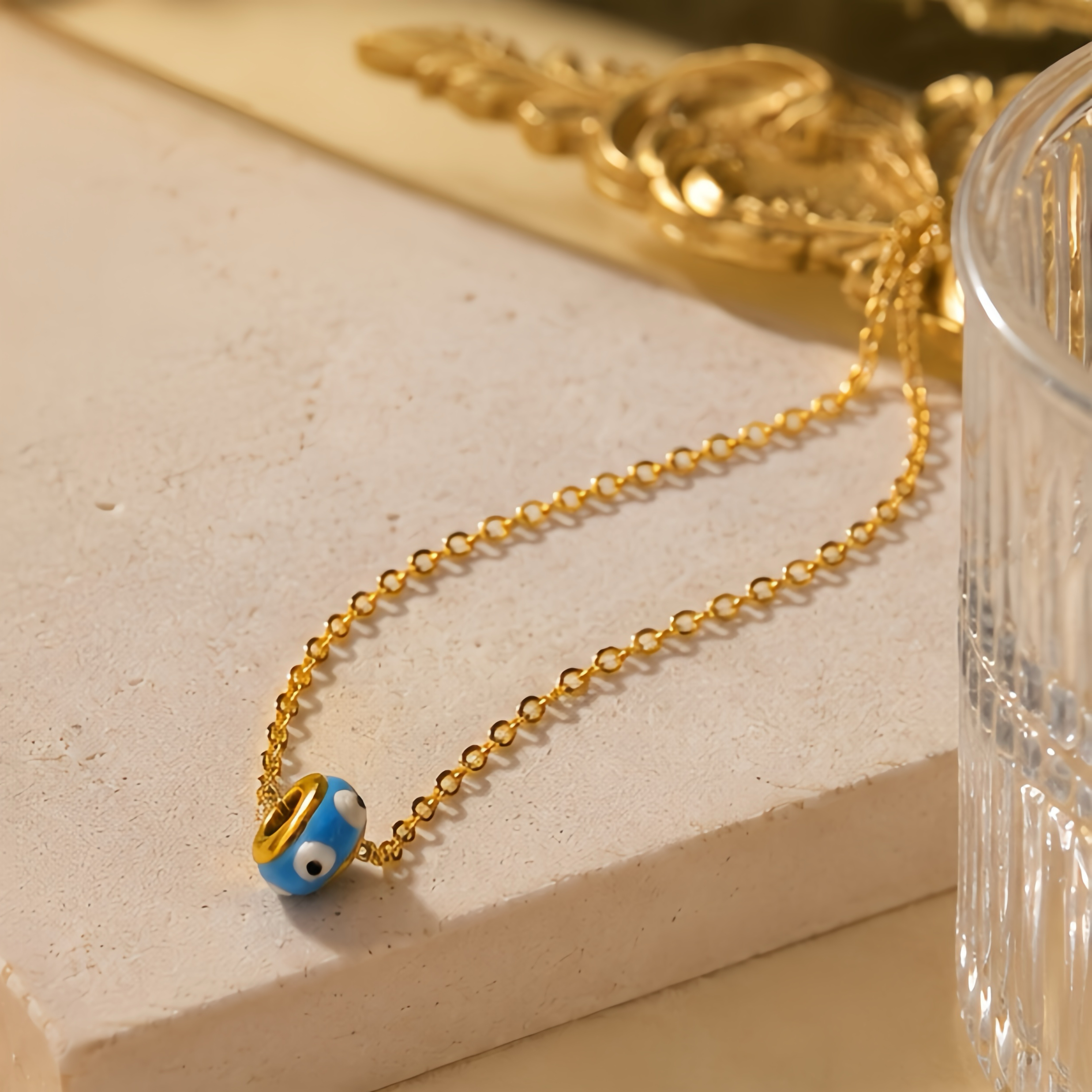 Blue background, big eyes, cartoon beads, stainless steel necklace, with a playful and quirky style for girls. It's a unique and eye-catching collarbone necklace that won't fade easily when worn daily details Picture