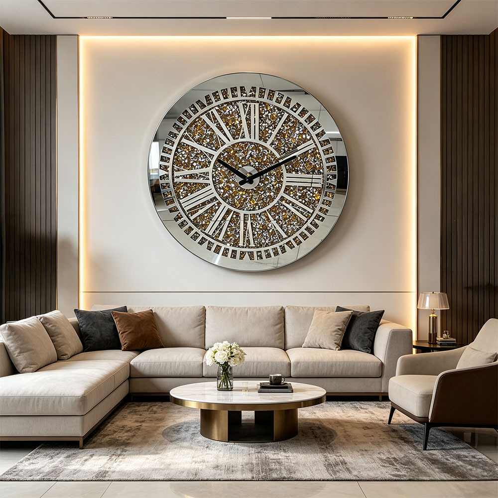 Golden small diamond Roman numeral acrylic wall clock, artistic craftsmanship, full diamond Roman glass wall clock, simple and elegant, artistic wall clock for study, living room and entrance hall Specification image