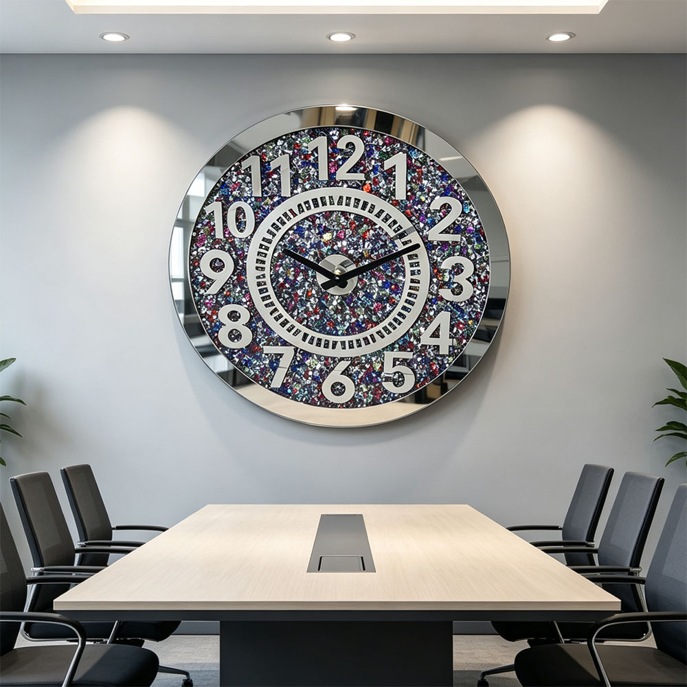 Colorful diamond round wall clock, villa decoration glass wall clock, high-definition transparent glass silent movement, high-end quality wall clock details Picture