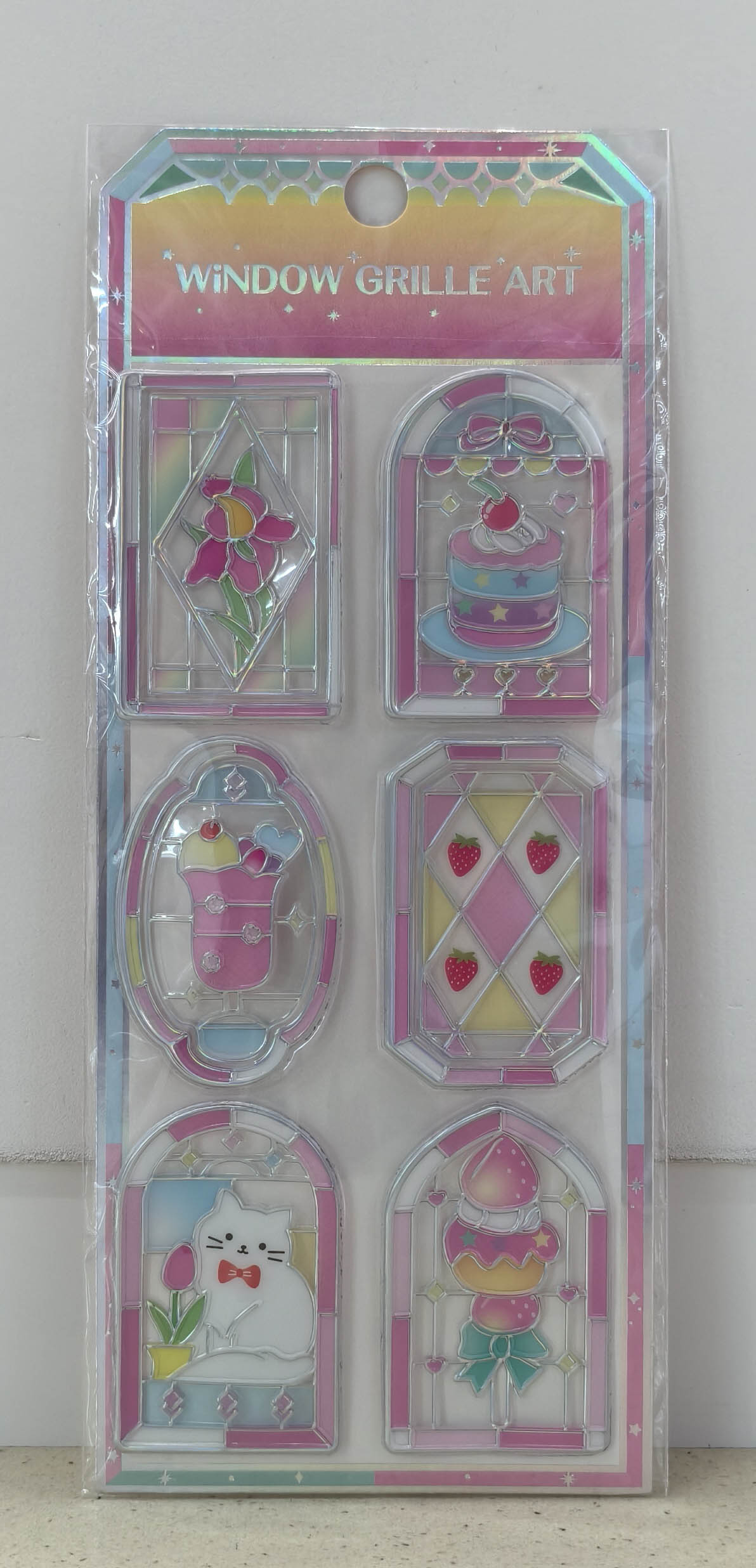 Six types of glass style, silver edge and transparent base, including unicorn, moon, cloud and dolphin ice cream cupcakes with colorful window pane art wall stickers Application Scenario