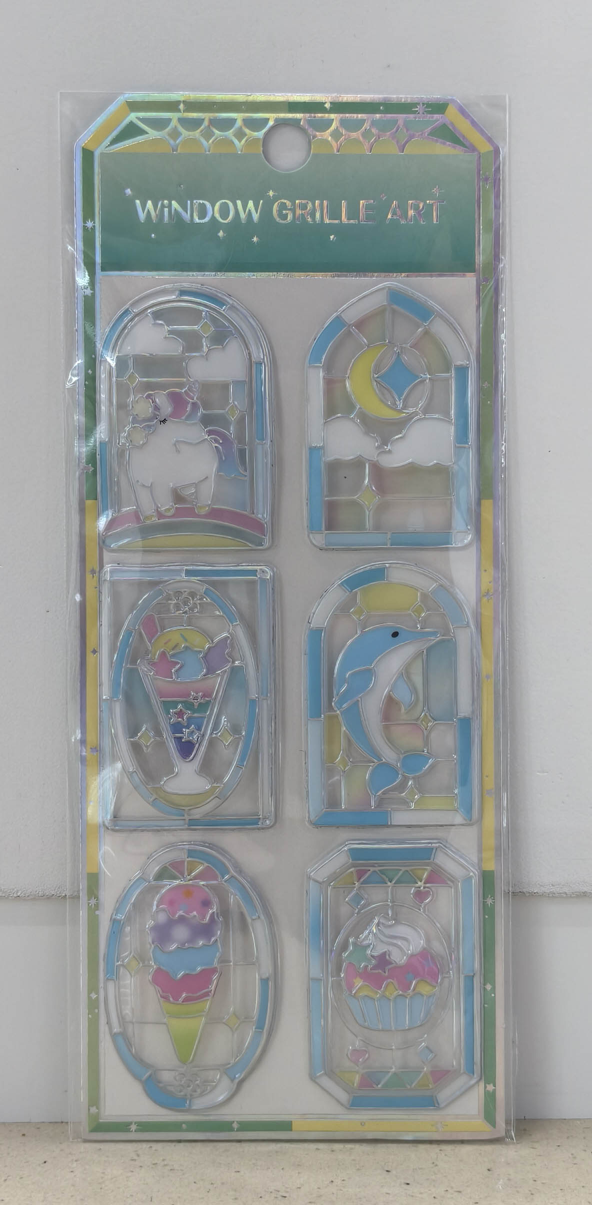 Six types of glass style, silver edge and transparent base, including unicorn, moon, cloud and dolphin ice cream cupcakes with colorful window pane art wall stickers