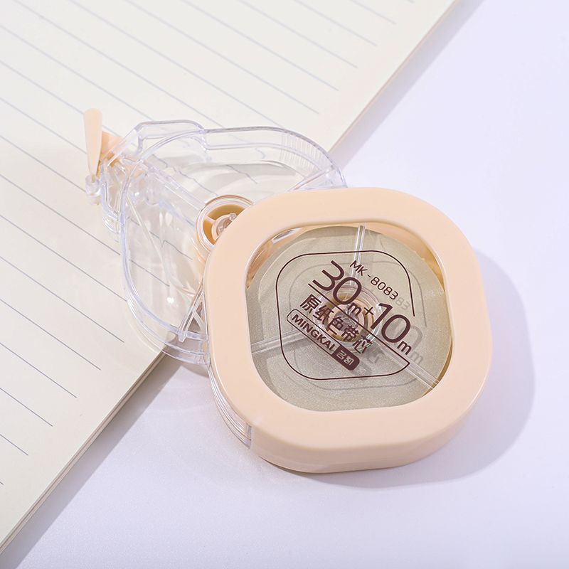 The MK-8083 features an integrated cover design that is anti-loss and shock-resistant. It has a double-layer structure with a full length of 30 meters and a 10-meter invisible base paper color core correction tape Specification image