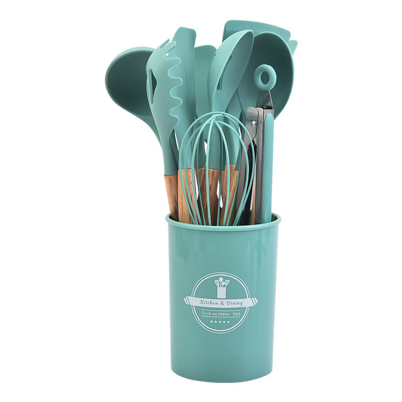 Black wooden-handled silicone kitchenware set with storage cylinder, available in multiple colors. Kitchen silicone kitchenware Application Scenario