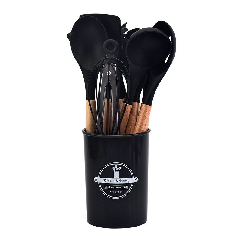 Black wooden-handled silicone kitchenware set with storage cylinder, available in multiple colors. Kitchen silicone kitchenware Item Picture
