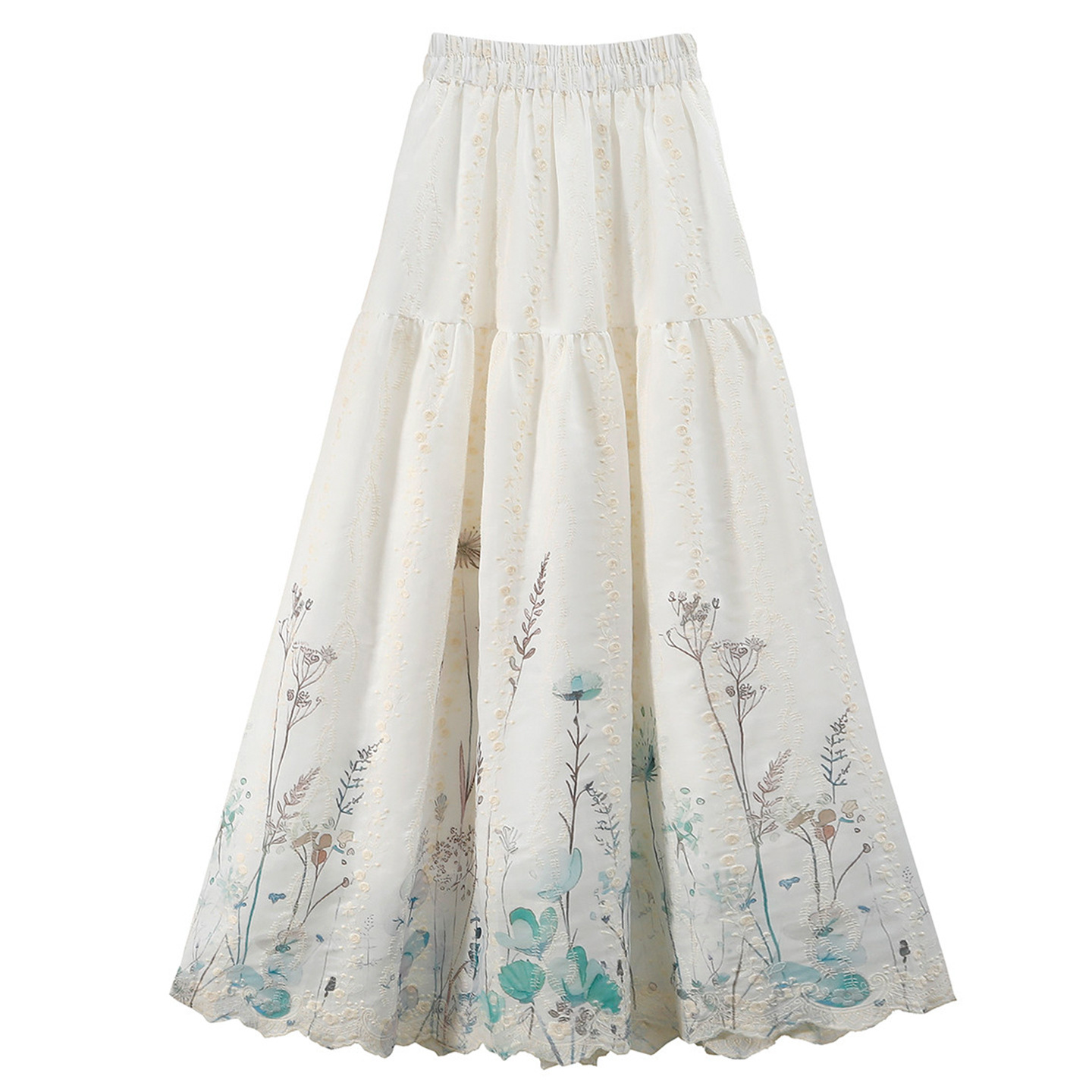 a new Korean-style high-waisted umbrella skirt with embroidery and floral patterns for women in spring and summer. It is a mid-length A-line skirt Item Picture