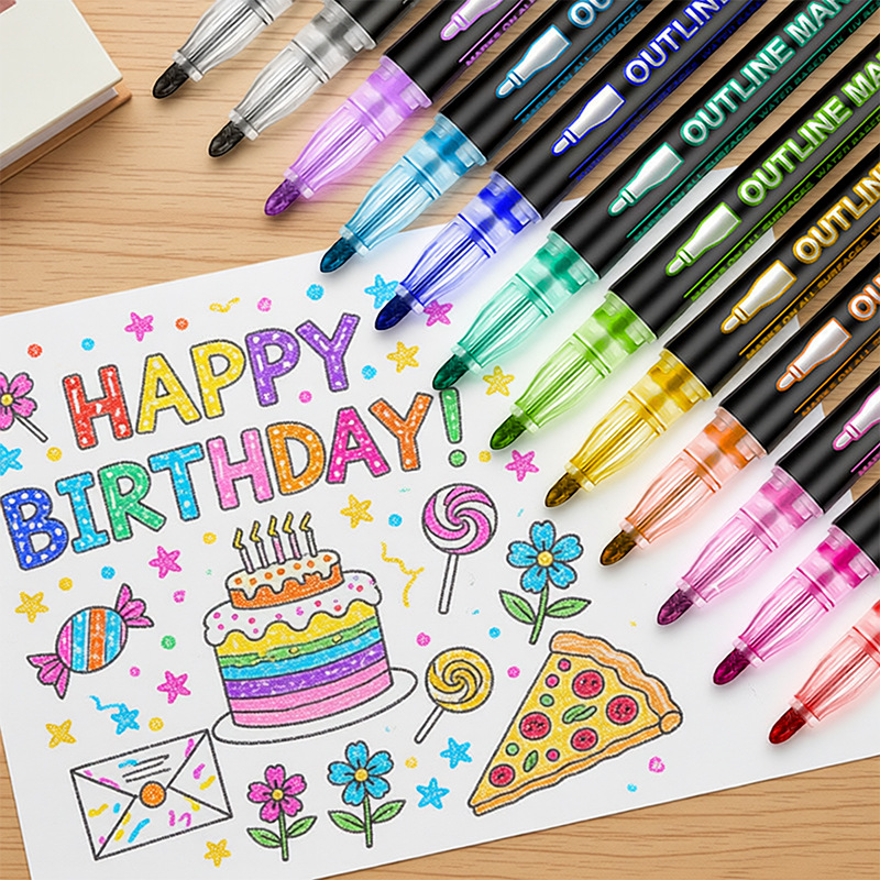 Double-line contour pen, 48-color DIY planner, Christmas card flash pen, student drawing, fluorescent doodle marker pen