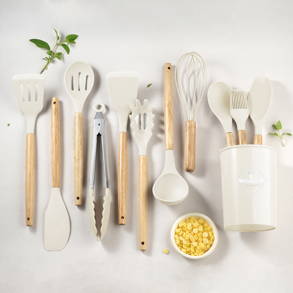 Black wooden-handled silicone kitchenware set with storage cylinder, available in multiple colors. Kitchen silicone kitchenware Specification image