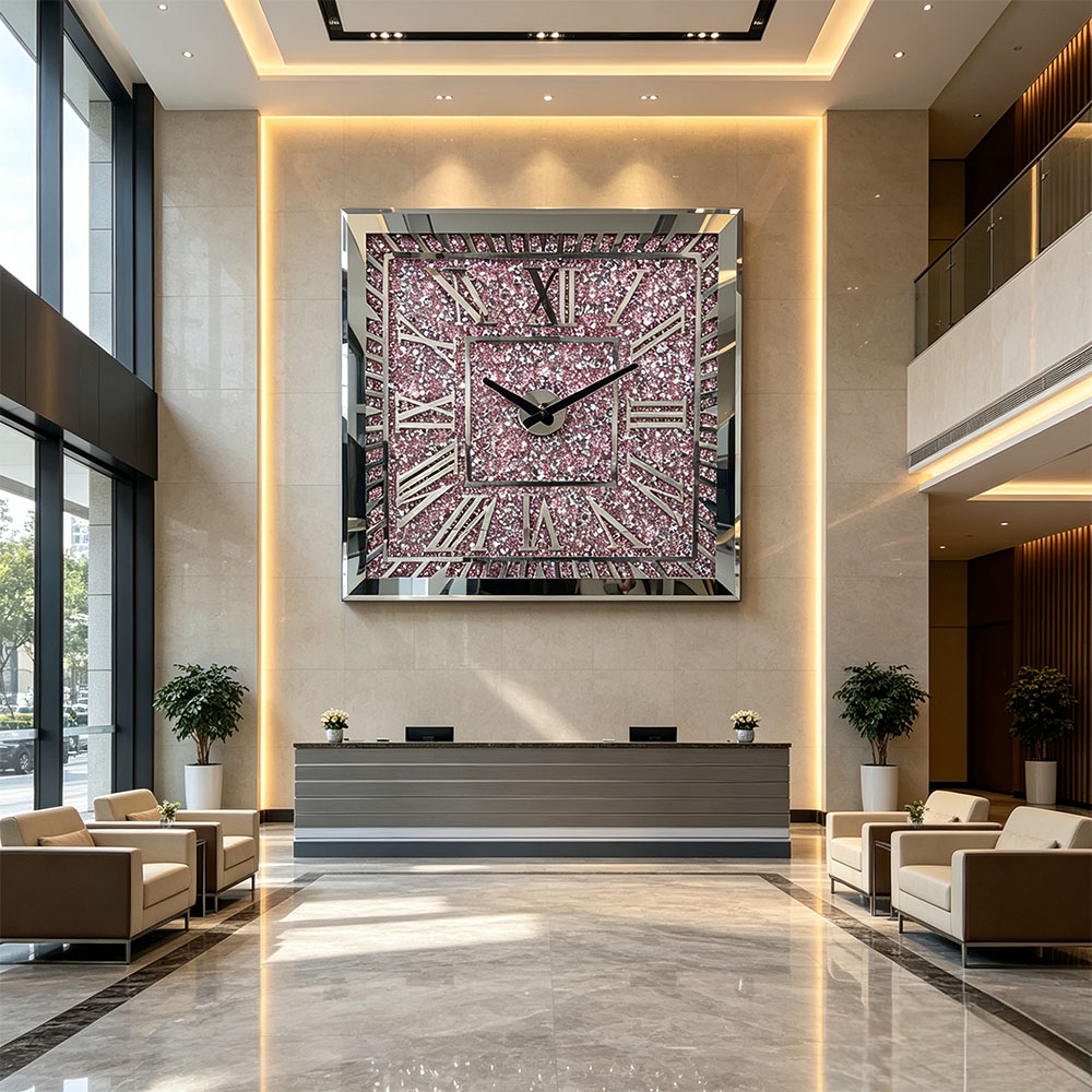 Square Roman pink diamond-decorated square acrylic wall clock handicrafts are suitable for placing in the living room or study, adding a touch of elegance to the wall Application Scenario