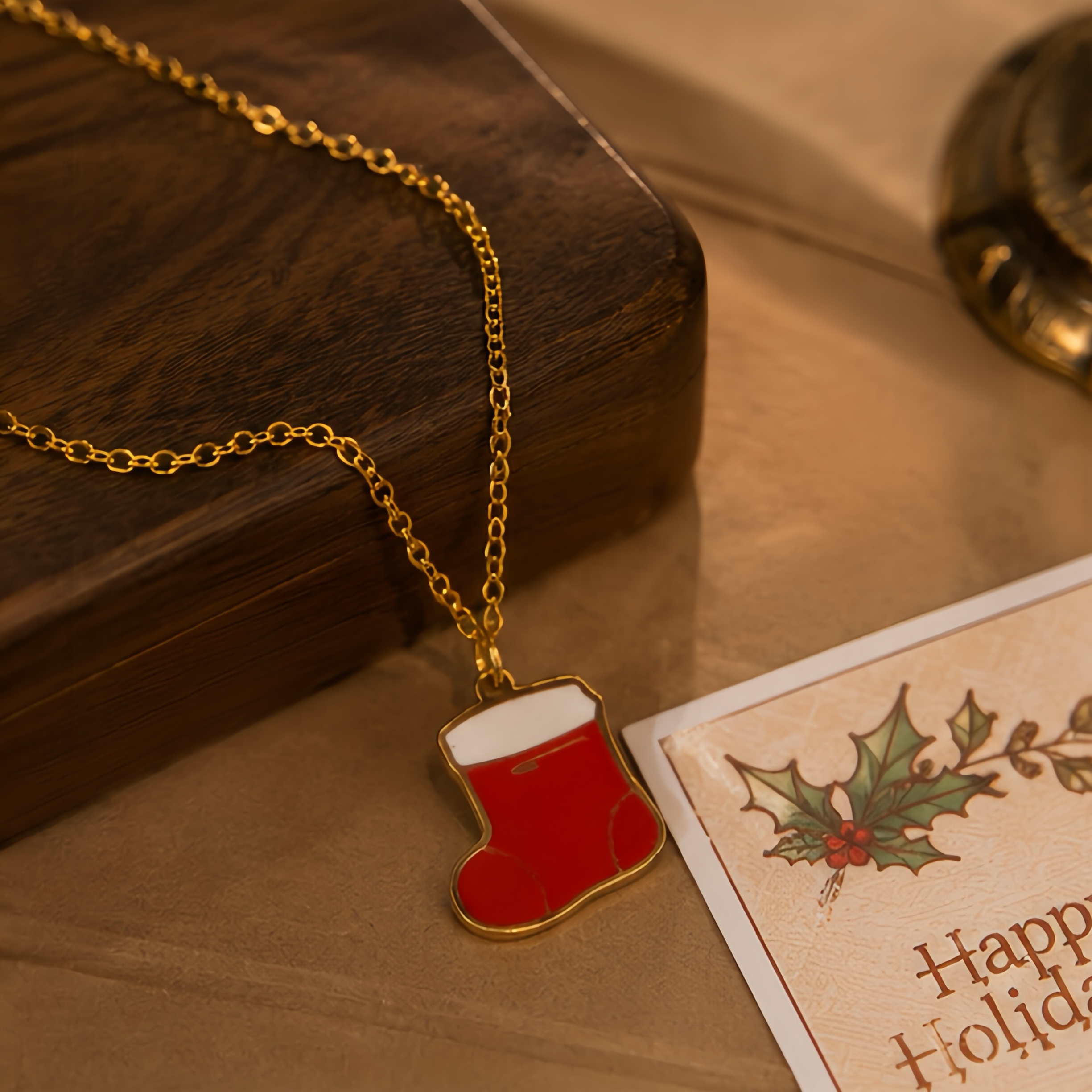 Christmas red sock oil drip pendant necklace, winter festival ins European and American style outfit, niche atmosphere, simple commuting metal decoration necklace details Picture
