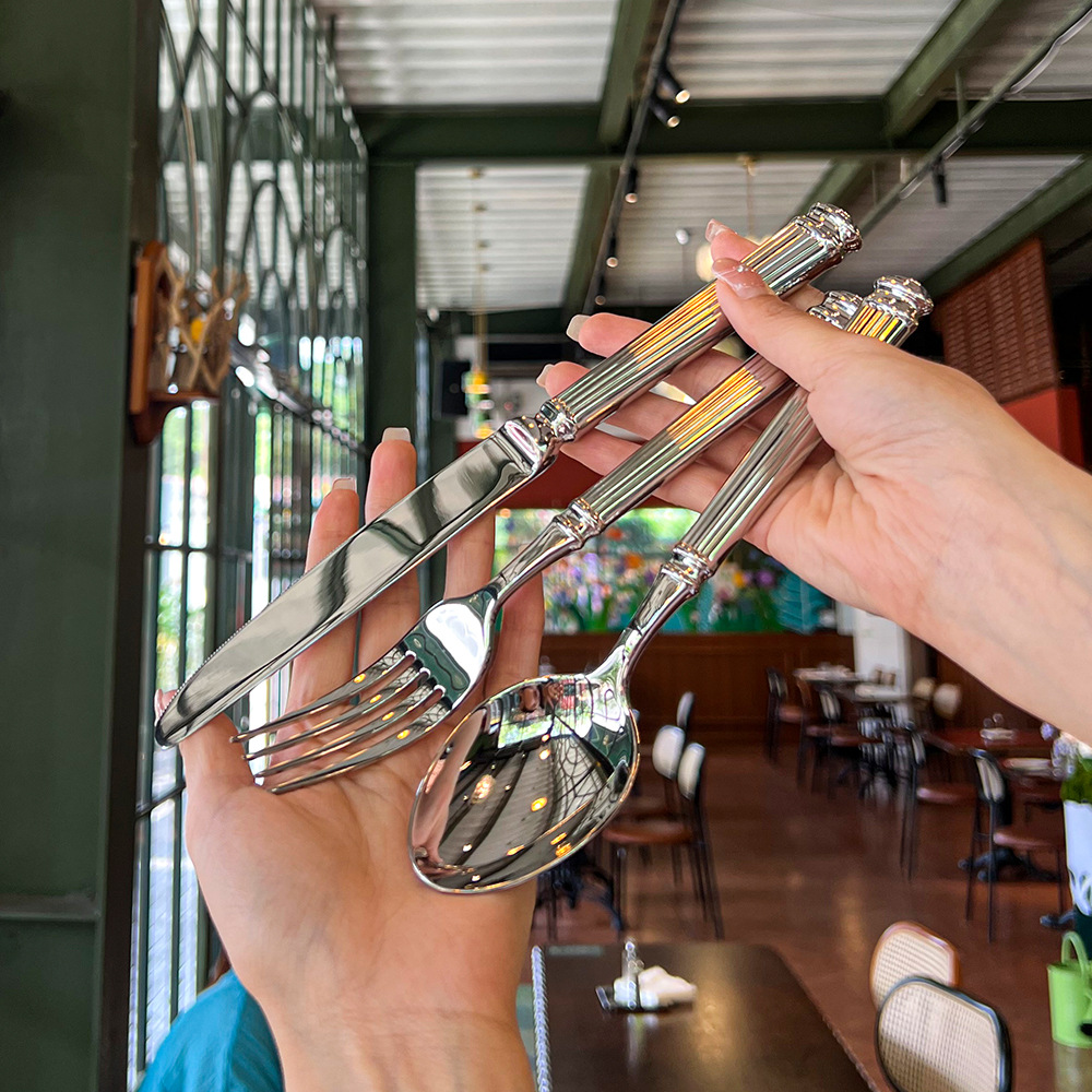 304 stainless steel knife, fork and spoon Roman column Western tableware set, high-end restaurant household steak knife, dessert spoon and fork Specification image