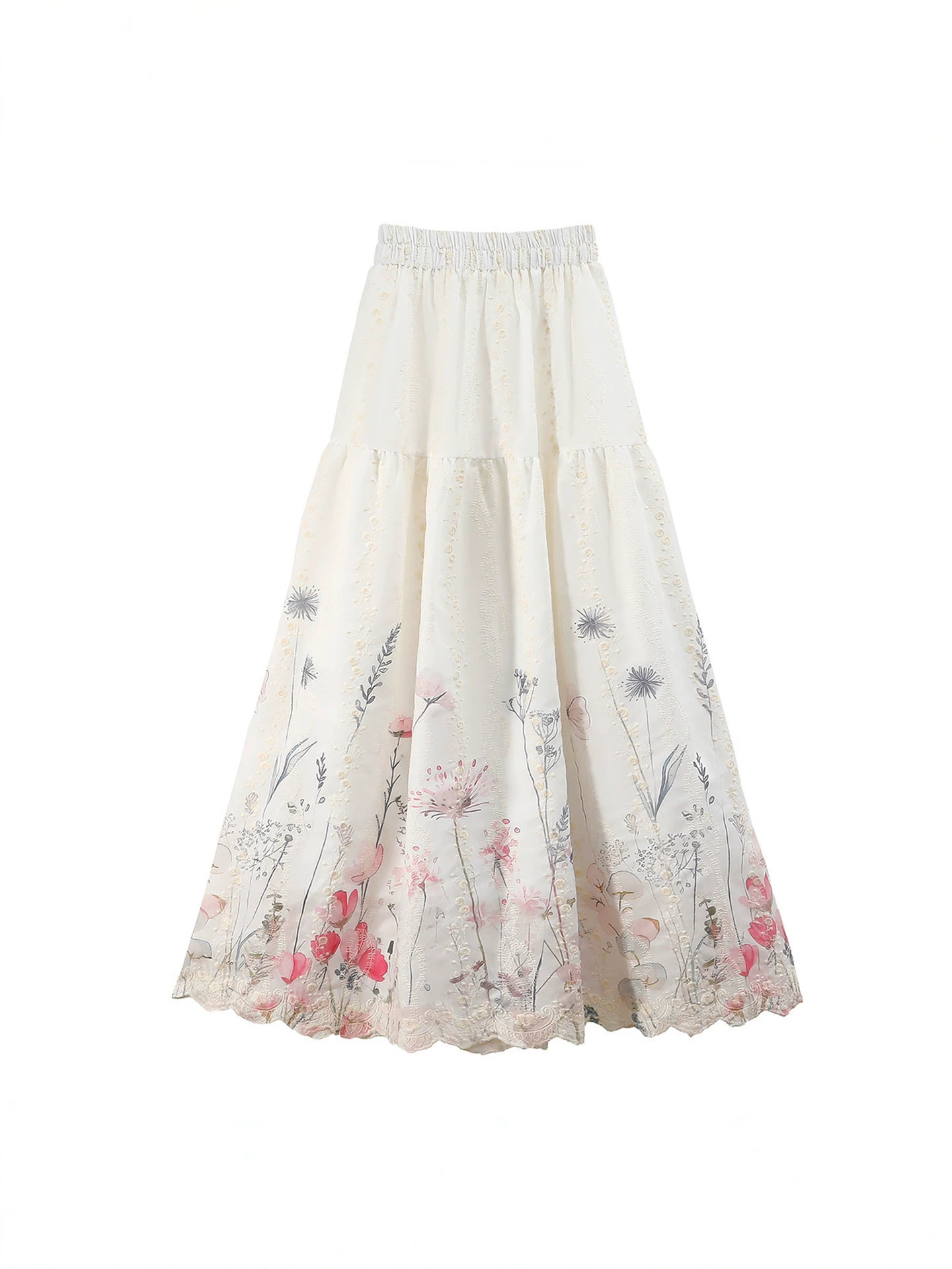 a new Korean-style high-waisted umbrella skirt with embroidery and floral patterns for women in spring and summer. It is a mid-length A-line skirt Application Scenario
