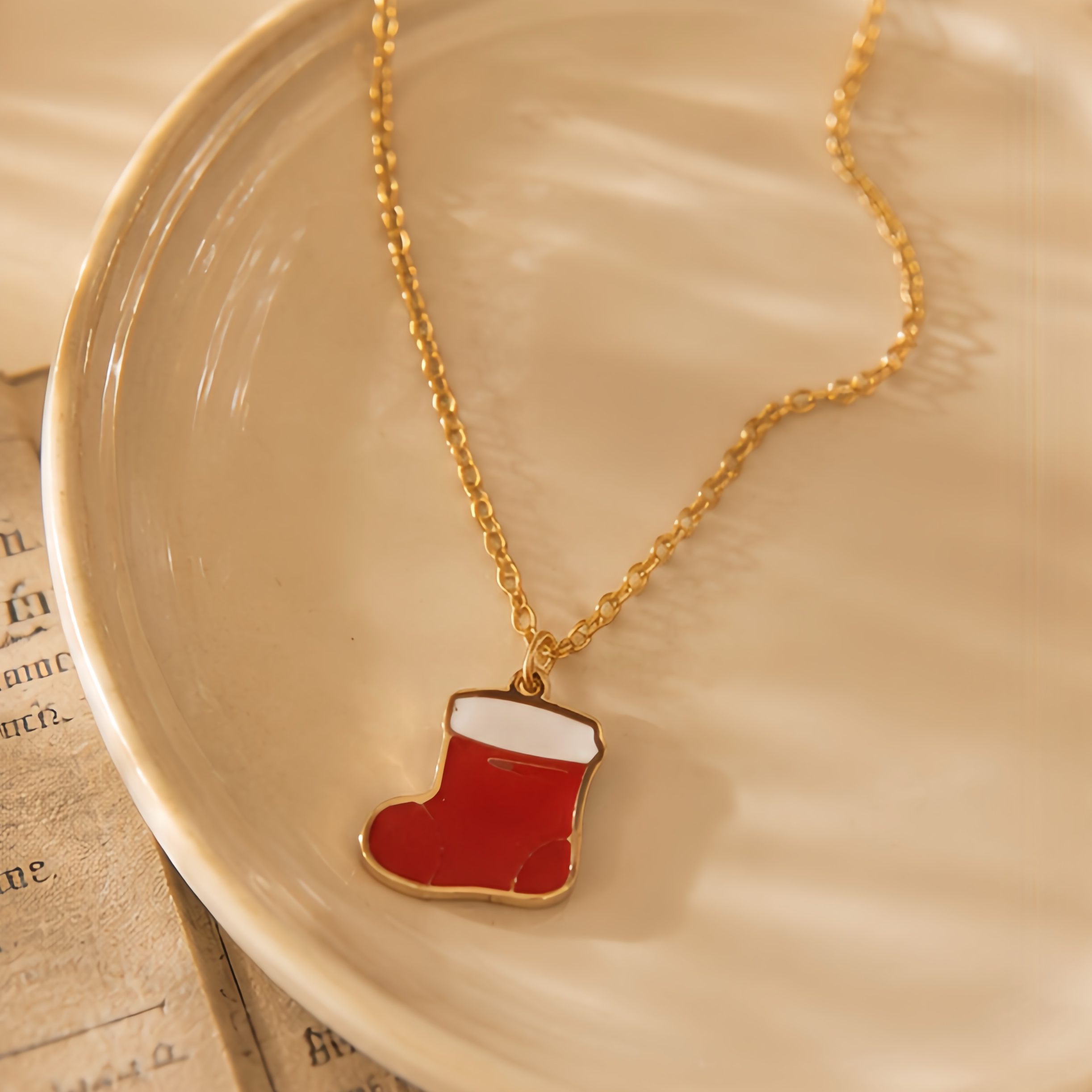 Christmas red sock oil drip pendant necklace, winter festival ins European and American style outfit, niche atmosphere, simple commuting metal decoration necklace Specification image