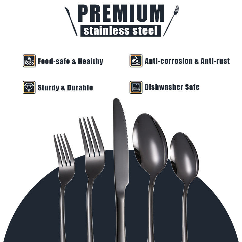 Black metal stainless steel tableware five-piece set, cross-border Amazon stainless steel tableware set, Western tableware, steak knife, golden spoon pic 1