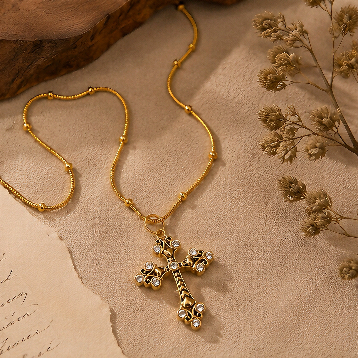 Retro aged carved cross diamond-encrusted pendant, Baroque-patterned stainless steel snake bone chain, matte gold, antique style, unique and niche, layered metal necklace