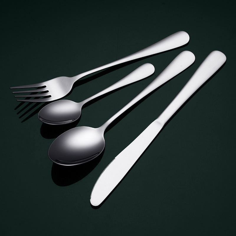 Black metal stainless steel tableware five-piece set, cross-border Amazon stainless steel tableware set, Western tableware, steak knife, golden spoon details Picture