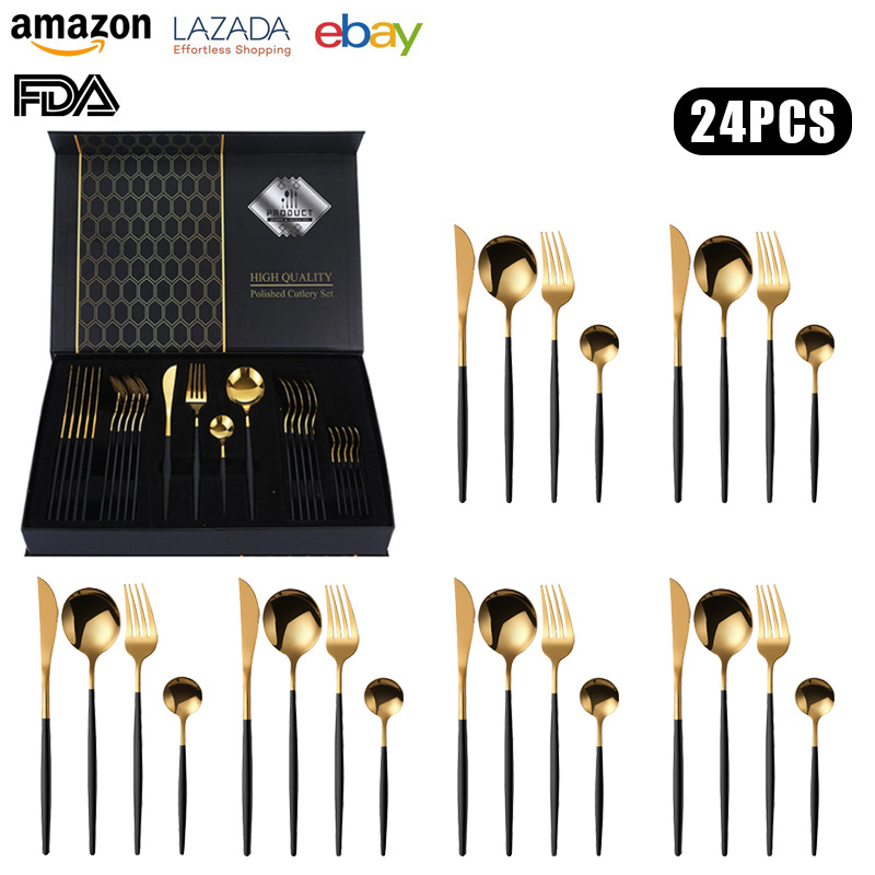 Cross-border Amazon Gift Box Western Cuisine Golden Spoon Stainless Steel Tableware Set, 24-piece set Steak knife, fork and spoon set