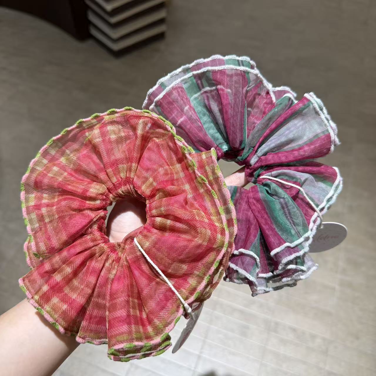 夏季韩系复古网纱四层大肠发圈 风网慵懒撞色丸子超大新款发饰头绳