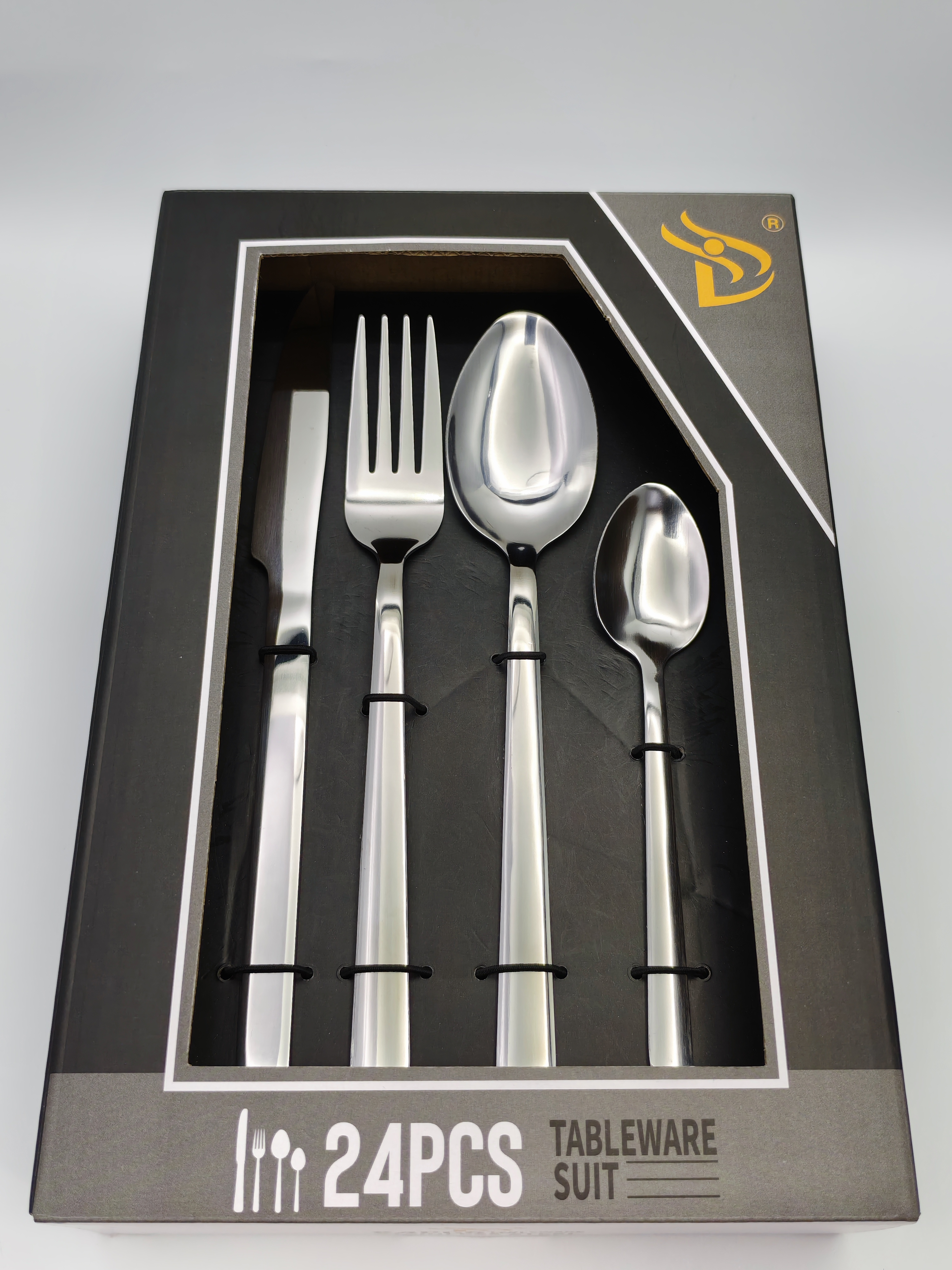 Silver stainless steel knife, fork and spoon tableware set, Western tableware black high-end box