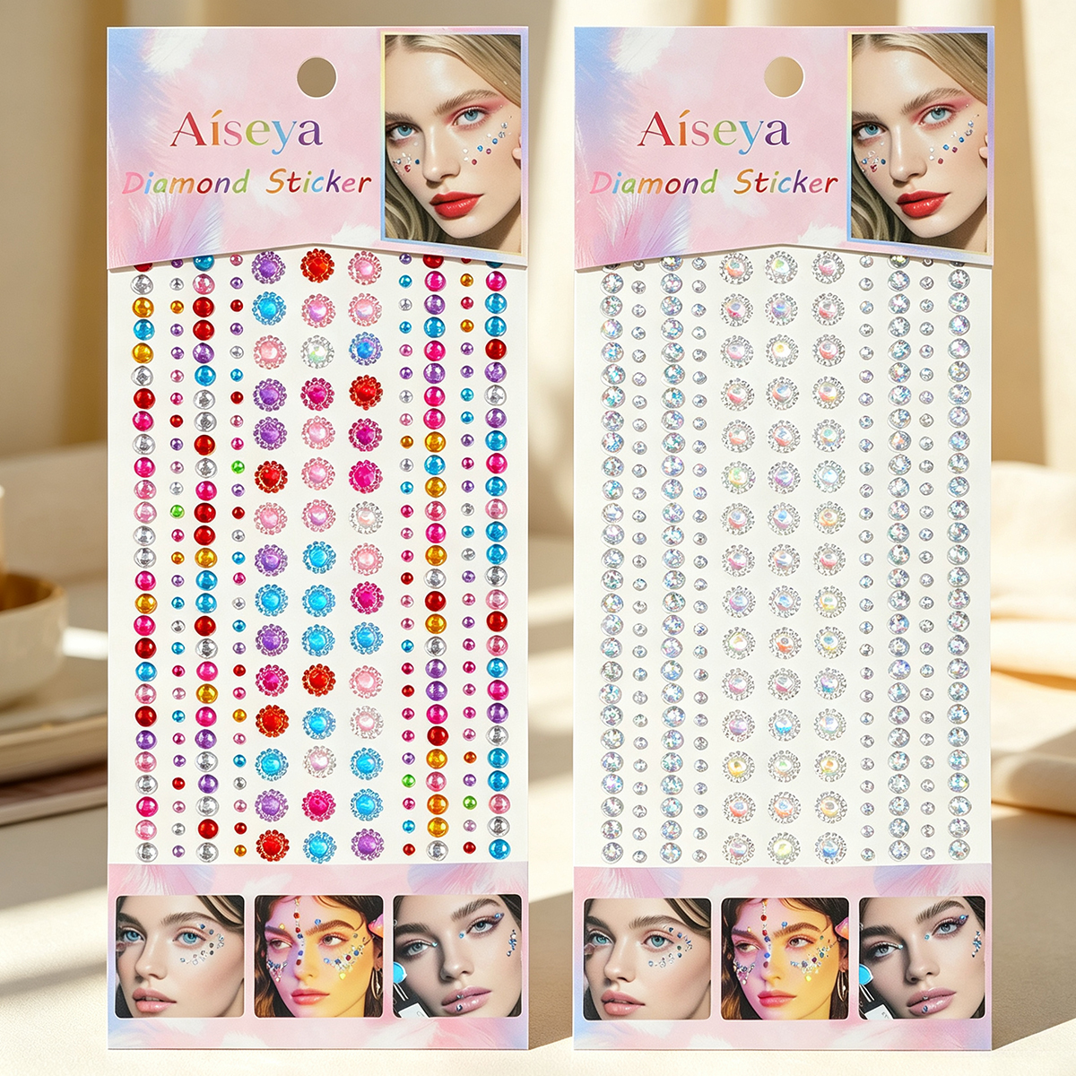 Laser sunflower water diamond stickers, colorful large and small round diamonds, party makeup, brow center and eye corner decoration, DIY nail art, diamond stickers Specification image