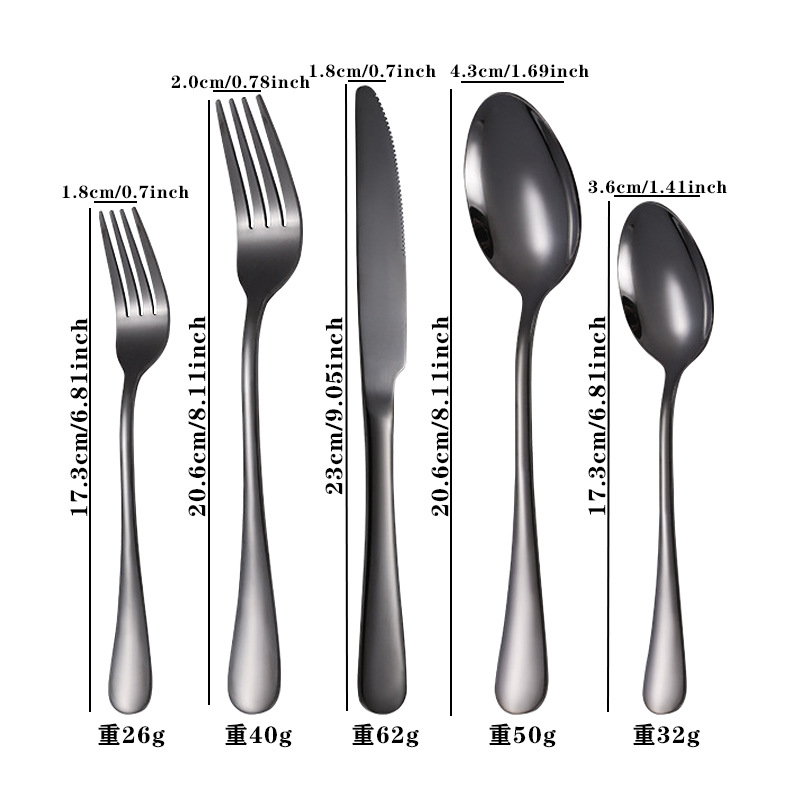 Black metal stainless steel tableware five-piece set, cross-border Amazon stainless steel tableware set, Western tableware, steak knife, golden spoon pic 3