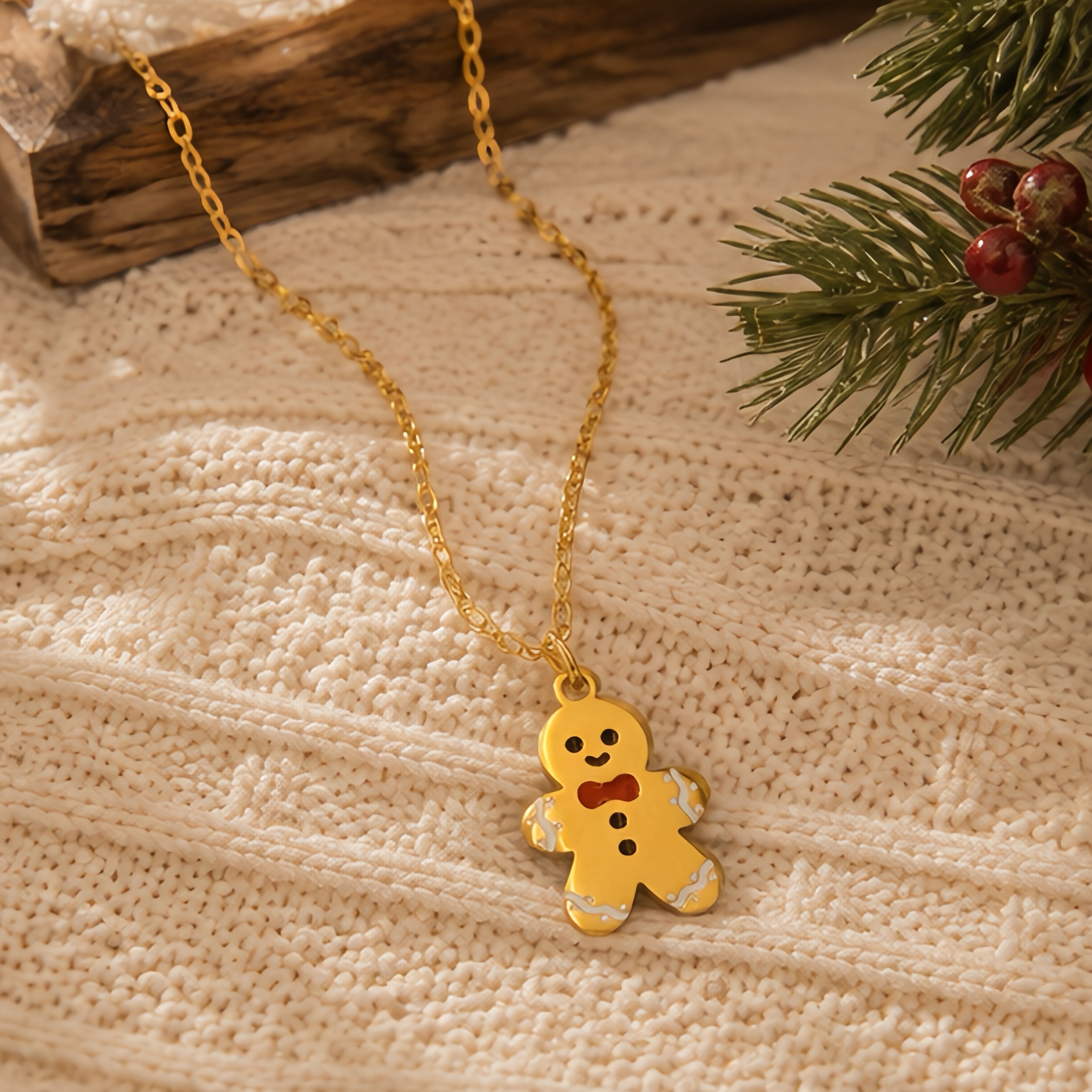 Cartoon gingerbread man oil drip pendant, collarbone chain, red bow tie, contrasting color stainless steel fine chain, Christmas season atmosphere outfit, niche decorative neck accessory details Picture