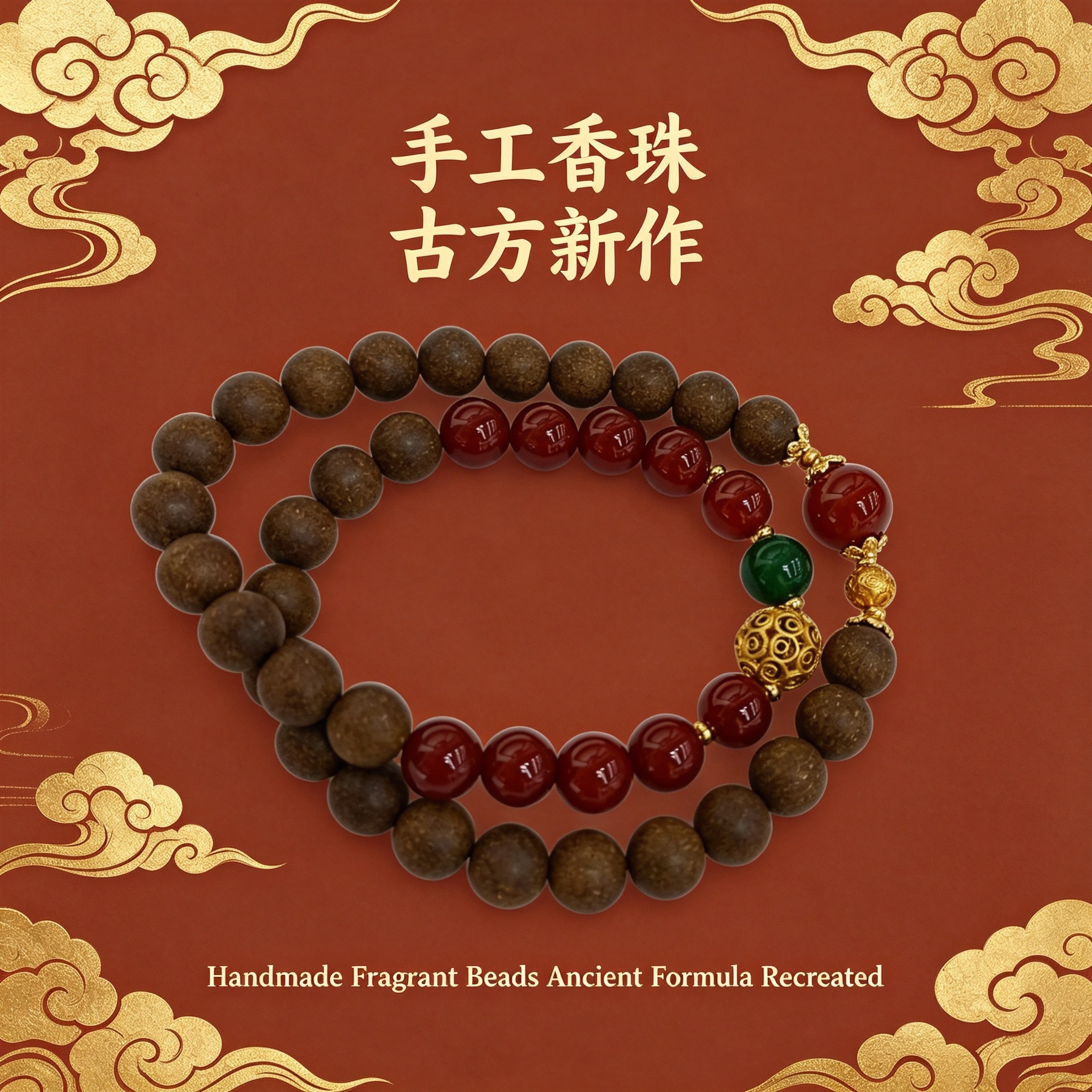 非遗古法药香珠天然药香手串佛珠手链香珠文玩手串 0.8人参+0.8南红玛瑙+1.2南红+干青翡翠Y2600100