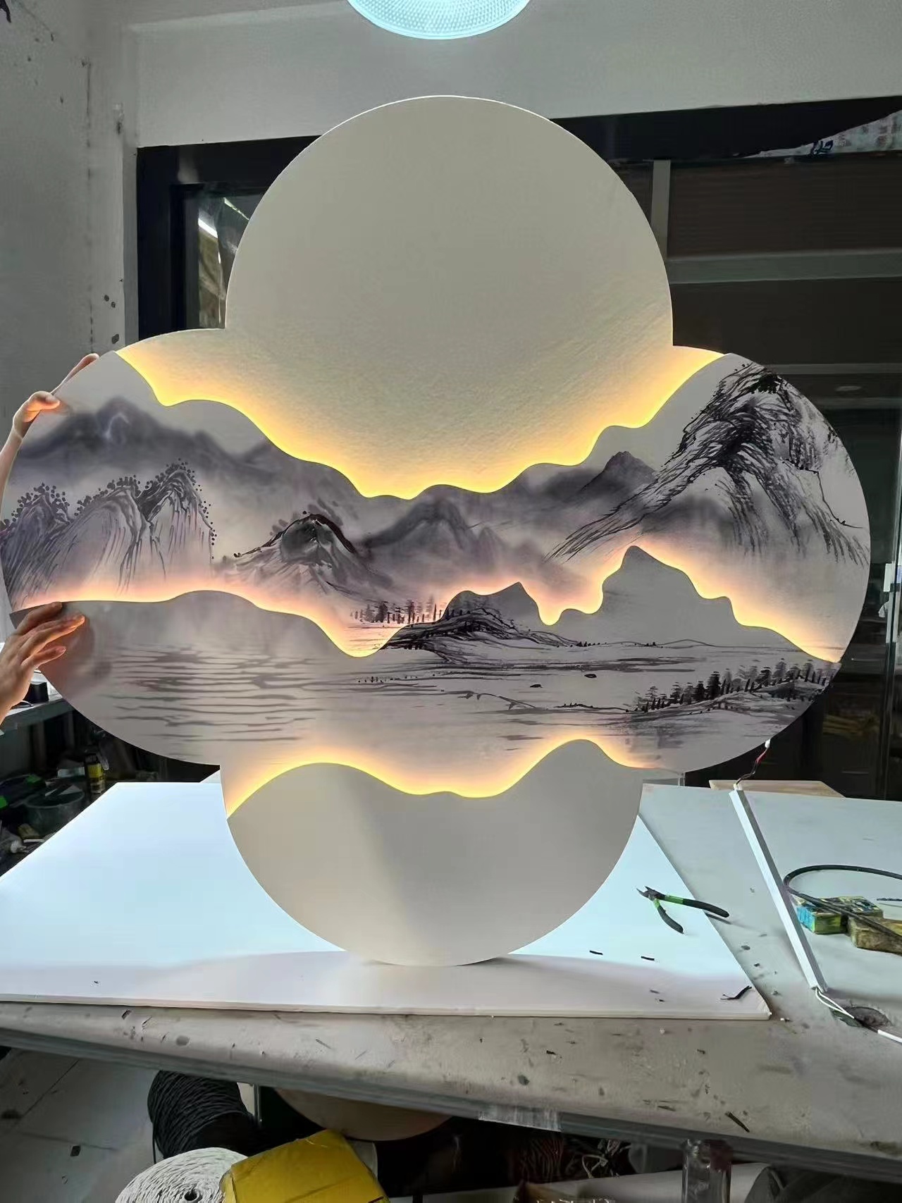 水墨山水画亚克力霓虹灯串彩灯小家电圣诞木制挂件