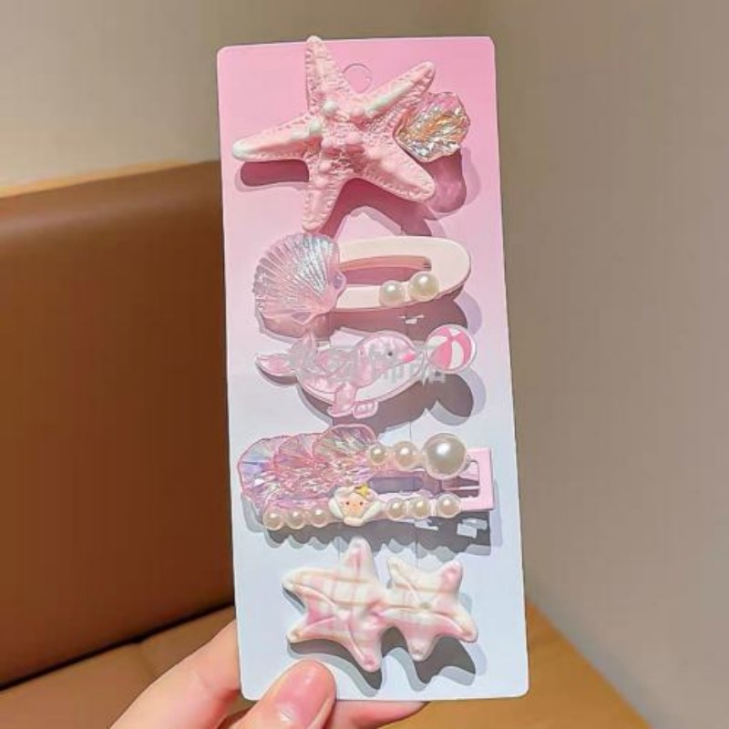 Princess-style ocean-themed hair clip set, starfish, shell and pearl edge clips, cute girl hair clips, baby hair accessories and headwear Item Picture